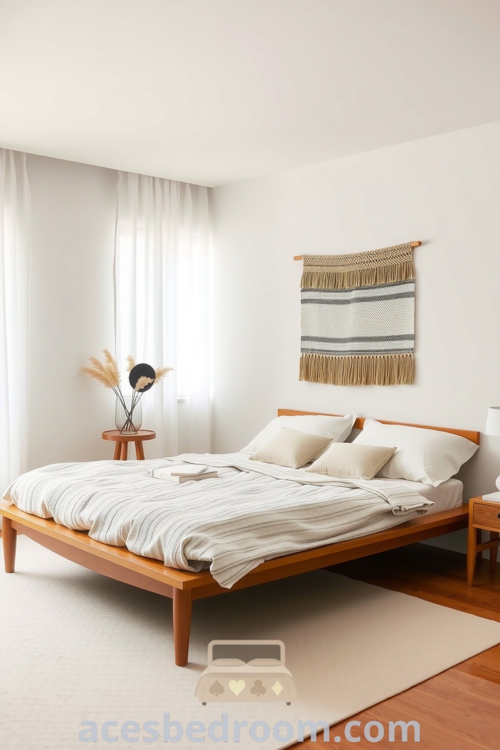 Cozy Japandi bedroom featuring a polished wooden bed frame, neutral cotton bedding, and a handwoven tapestry, designed to create a tranquil and inviting atmosphere, showcased on acesbedroom.com.