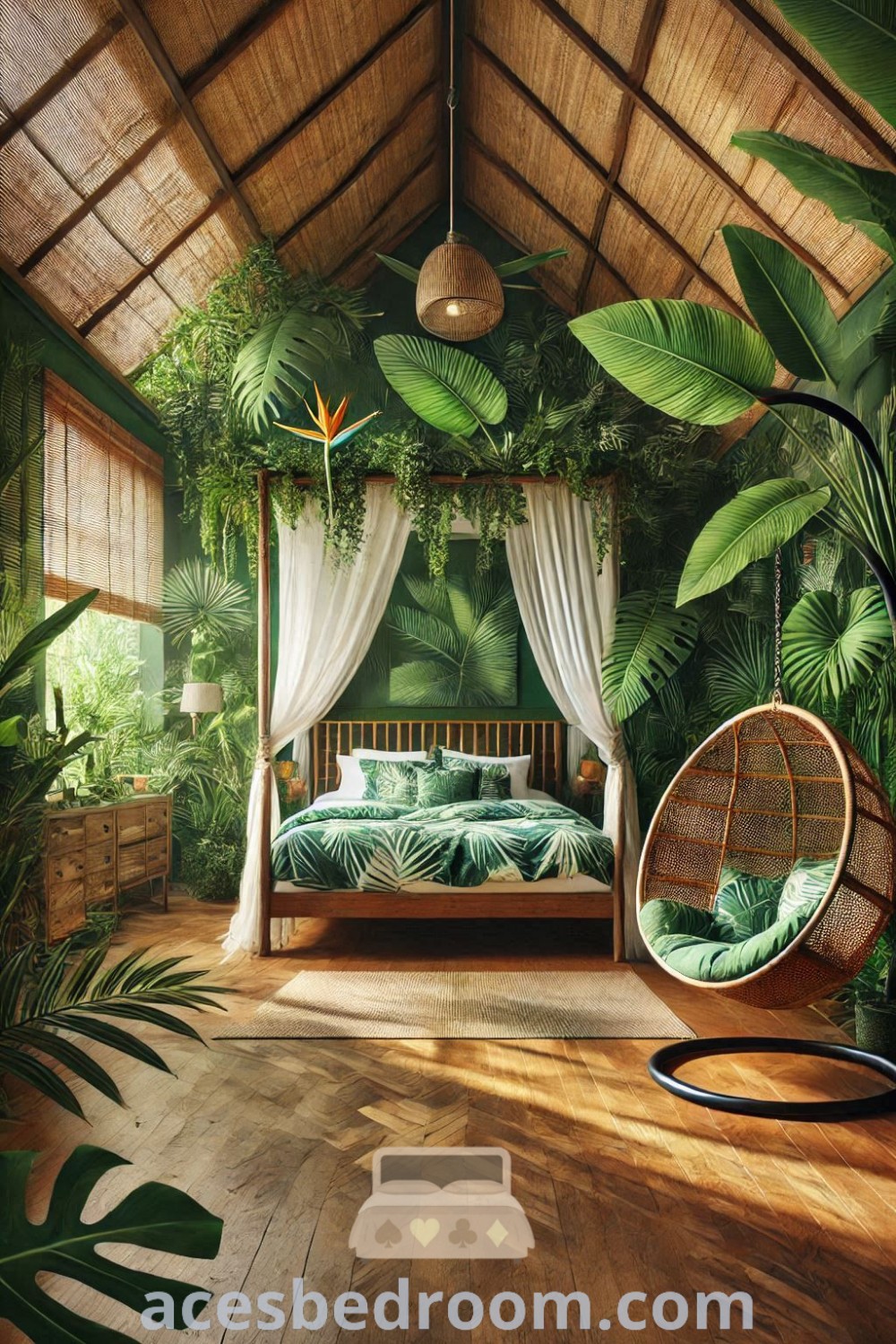 A cozy jungle cruise themed bedroom decorated in green and white with hanging plants, showcasing trendy rainforest bedroom ideas. This design creates an inspiring atmosphere perfect for a stylish and cozy home. Discover more unique decor ideas at acesbedroom.com.