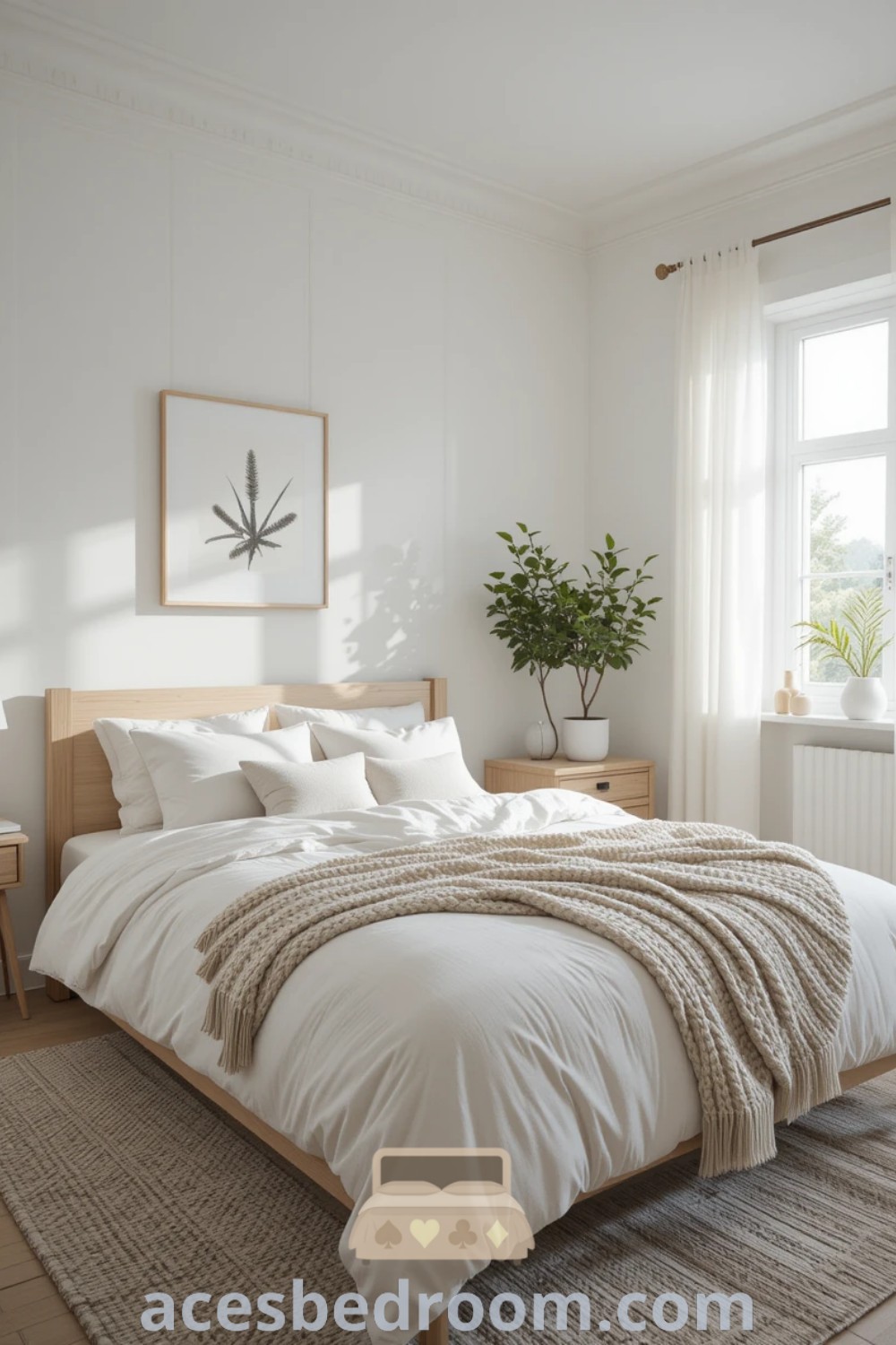 A cozy Scandinavian minimalist bedroom with white bedding, featuring a bed next to a window and a potted plant, creating an inviting and tranquil space. Discover design ideas that enhance your home at acesbedroom.com.