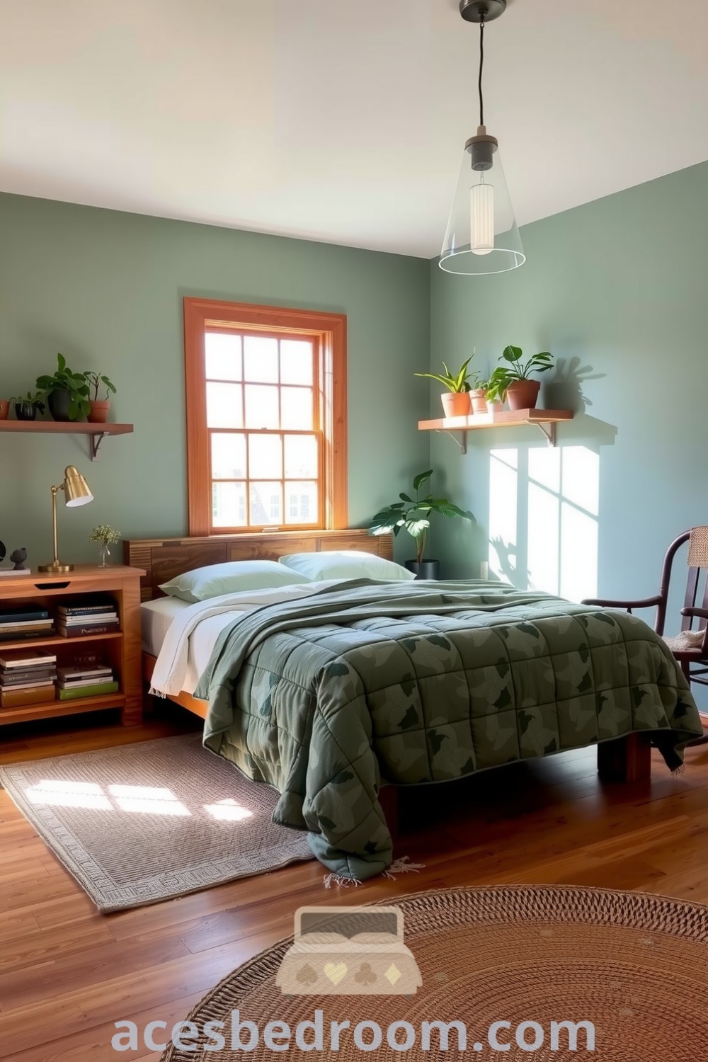 Cozy nature bedroom with soothing green walls, a reclaimed timber bed, a quilt featuring leaf patterns, potted plants, and a soft woven rug, perfect for creating a tranquil retreat, showcased on acesbedroom.com.