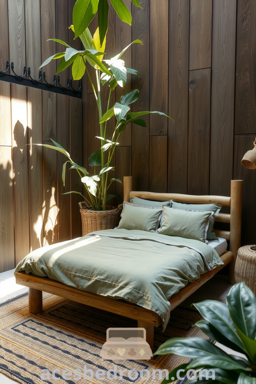 Cozy nature-inspired bedroom with textured wood panels, a handcrafted log bed with organic linens, leafy houseplants, and a woven jute rug, creating a tranquil atmosphere perfect for relaxation and showcased on acesbedroom.com.