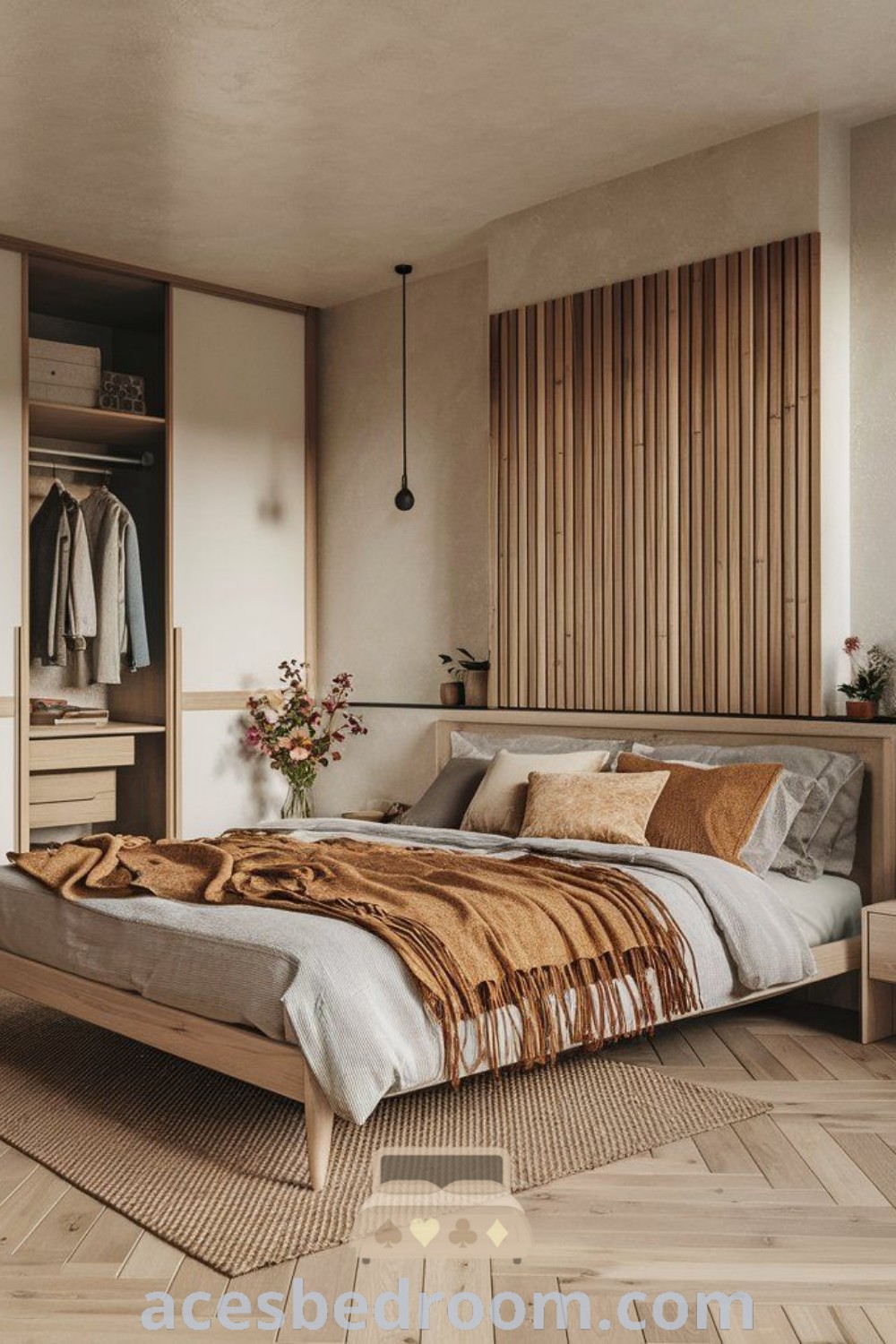 A cozy Japandi style small bedroom featuring a large bed surrounded by plants and wooden flooring, embodying Japanese Scandinavian interior design trends. This serene space offers stylish decor ideas and inspirations for a warm and sophisticated look. Discover more unique ideas at acesbedroom.com.