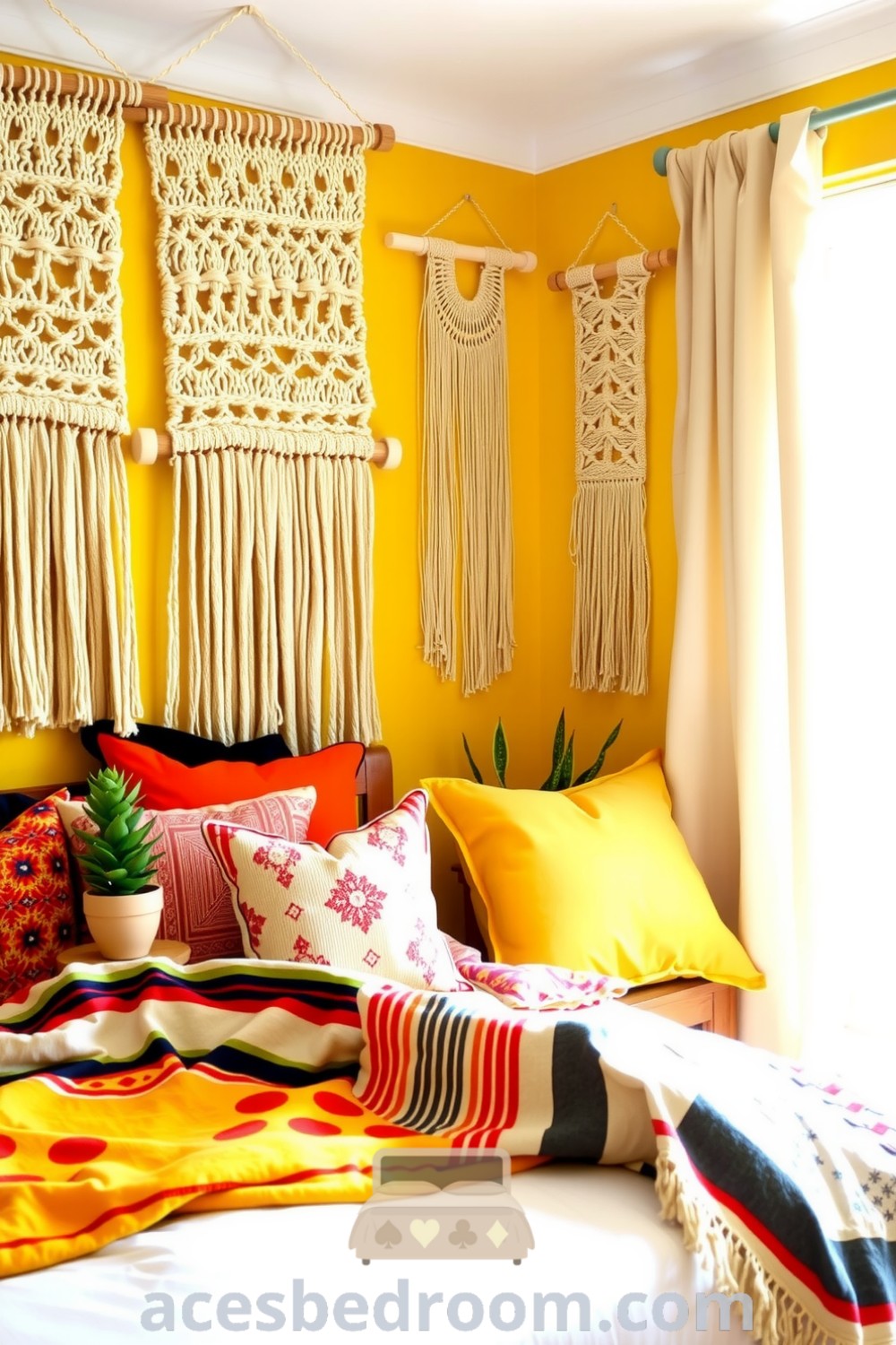 Cozy boho bedroom infused with soft yellow tones, macramé wall hangings, layered patterned blankets, and a reclaimed wood nightstand with a potted plant, designed for warmth and comfort, featured on acesbedroom.com.