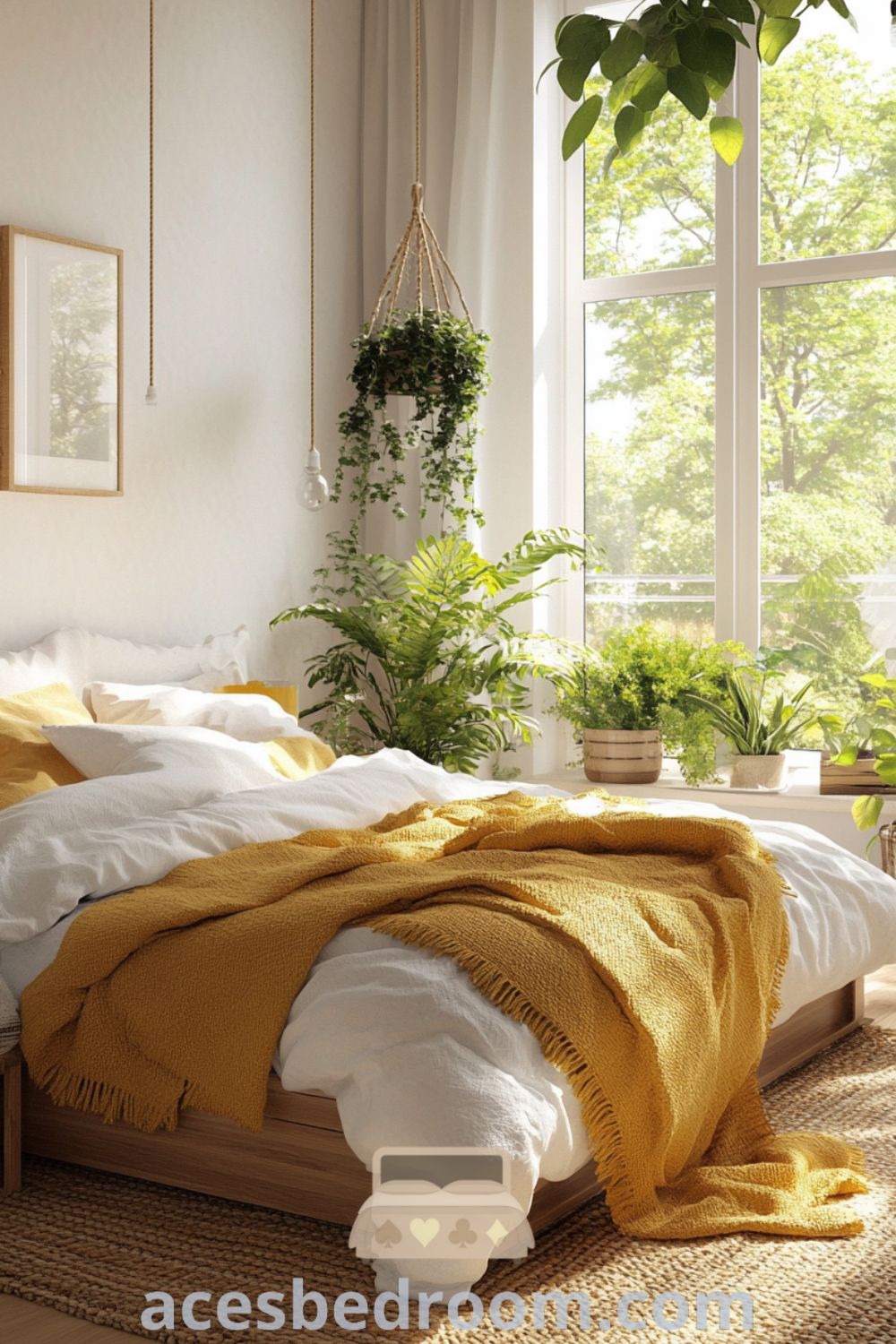 Cozy Scandinavian bedroom featuring a bright yellow palette, light wood furniture, soft white linens, textured yellow throws, large windows, and green plants for a warm and inviting atmosphere, showcased on acesbedroom.com.