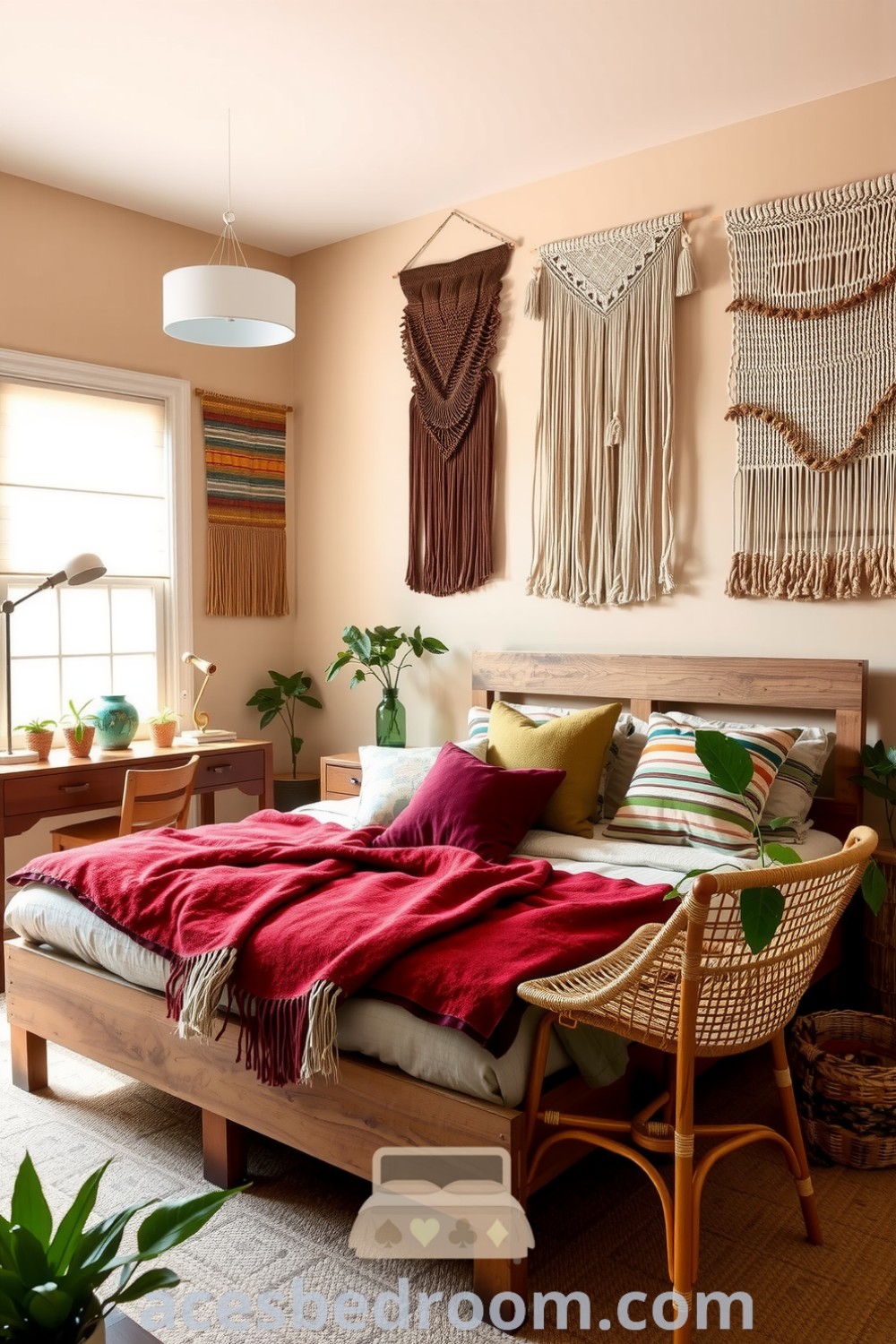 Cozy boho bedroom with beige walls, macramé hangings, a wooden bed with earthy-toned bedding, vintage furniture, and potted plants for a warm and sophisticated look, showcased on acesbedroom.com.