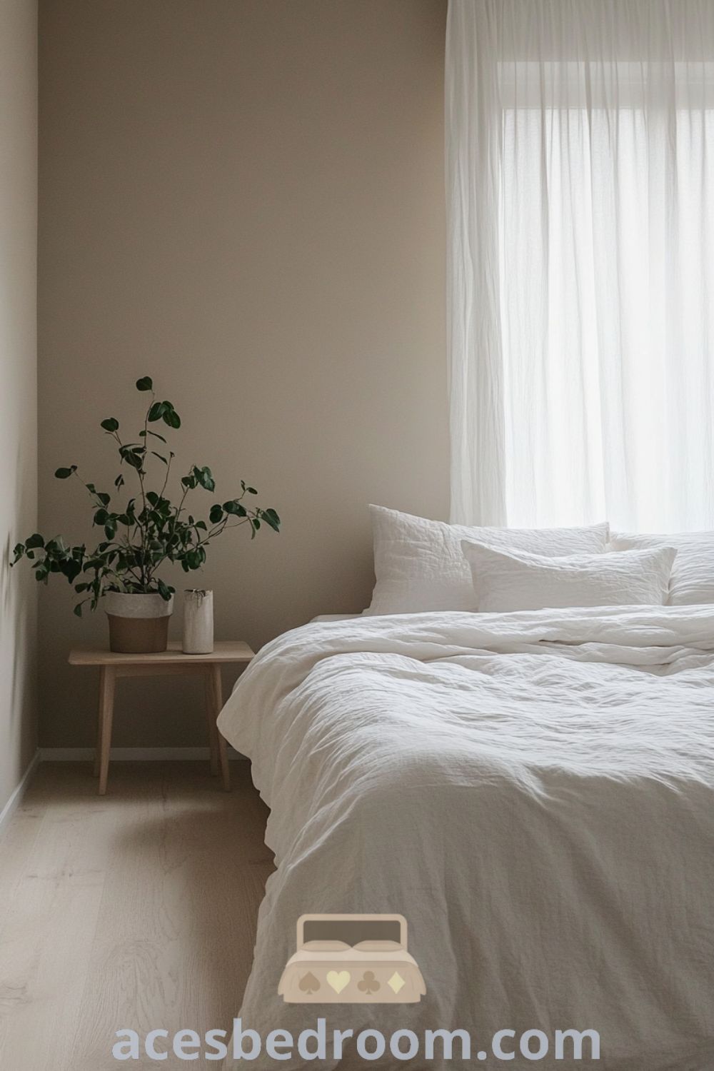 Serene minimalist bedroom on acesbedroom.com featuring soft beige walls, minimal furniture, calming design, and peaceful environment for a relaxing space.