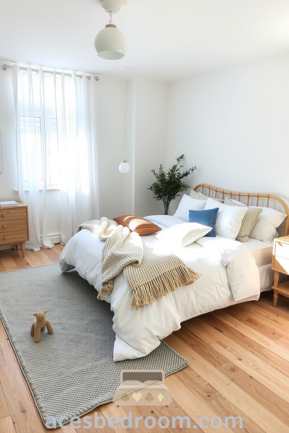 Cozy Scandinavian bedroom featuring white walls, light oak flooring, a gray rug, a minimalistic bed with throws and cushions, and light wood furniture, showcasing design ideas for a warm and sophisticated look, inspired by acesbedroom.com.
