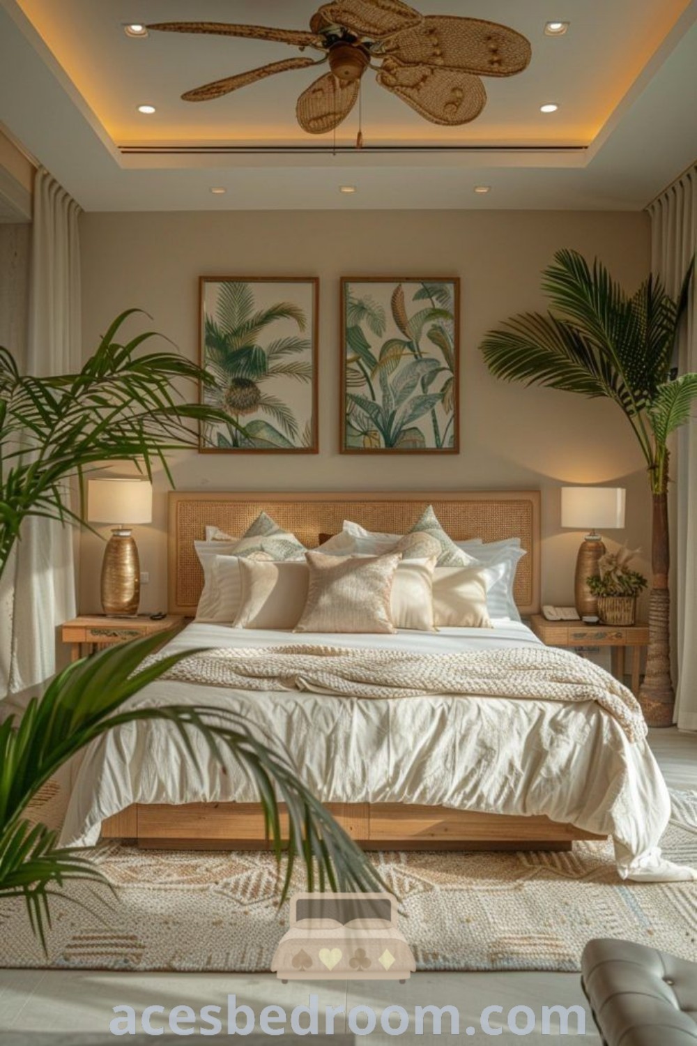 A large boho-style bed under a ceiling fan in a tropical bedroom, showcasing cozy decor ideas and vibrant textiles for a warm and stylish look. Discover unique design inspirations for your home at acesbedroom.com.