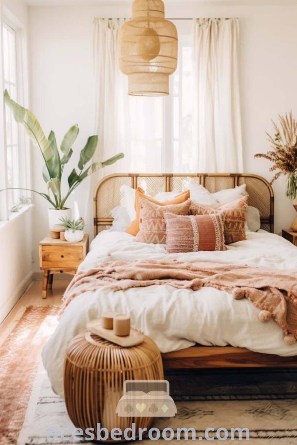 A cozy Bohemian bedroom featuring a stylish bed with colorful pillows and blankets next to a window, showcasing vibrant decor ideas for a teenage girl’s room. This colorful Bohemian bedroom decor blends comfort and style, providing unique design inspirations. Find more decorating ideas at acesbedroom.com.