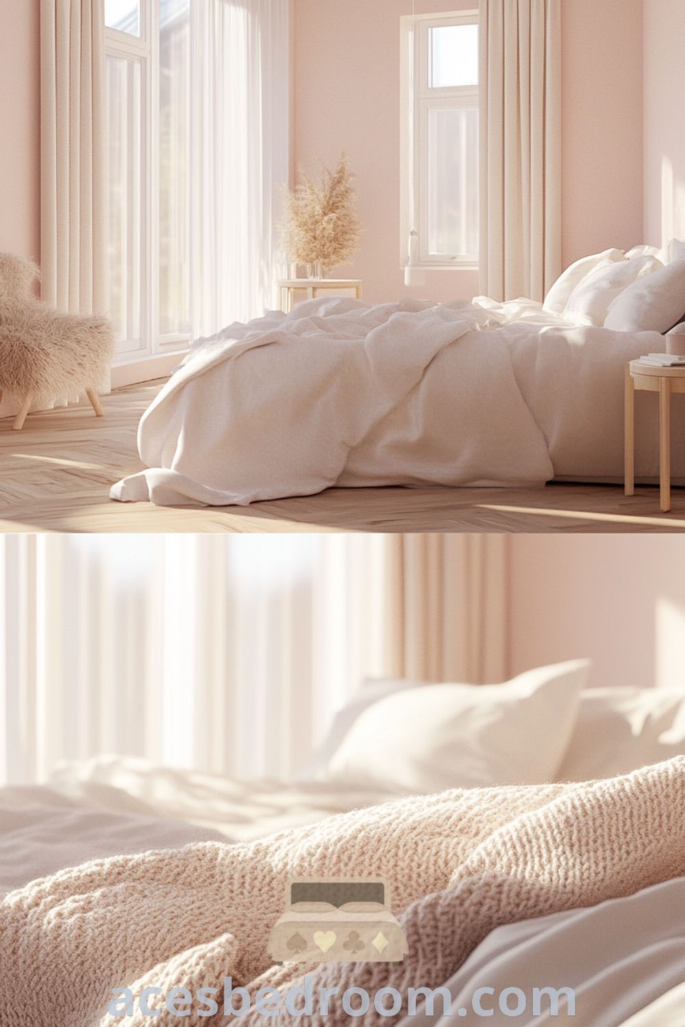 Cozy Scandinavian bedroom featuring pale pink walls, natural wood furniture, low-profile bed with textured linens, chunky knit throw, and large windows that allow warm light, showcased on acesbedroom.com.