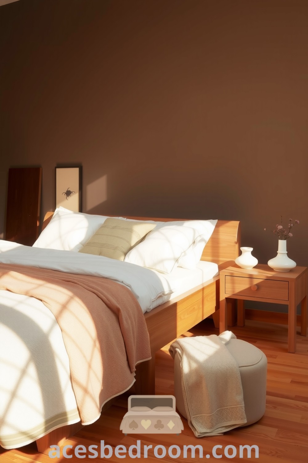 Cozy Japandi bedroom featuring soft brown walls, natural wood elements, a low-profile oak bed with textured linens, minimalist nightstands, and ceramic accents, creating a serene atmosphere, showcased on acesbedroom.com.