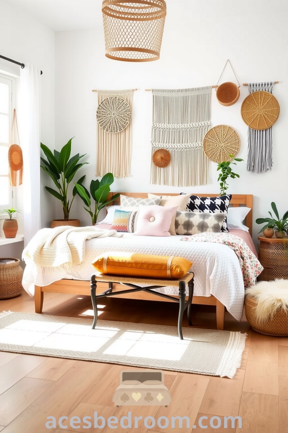 Cozy boho bedroom featuring soft white walls, a distressed wooden bed with fluffy duvet and colorful pillows, macramé wall hangings, handwoven baskets, and potted plants for a warm and sophisticated look, highlighted on acesbedroom.com.