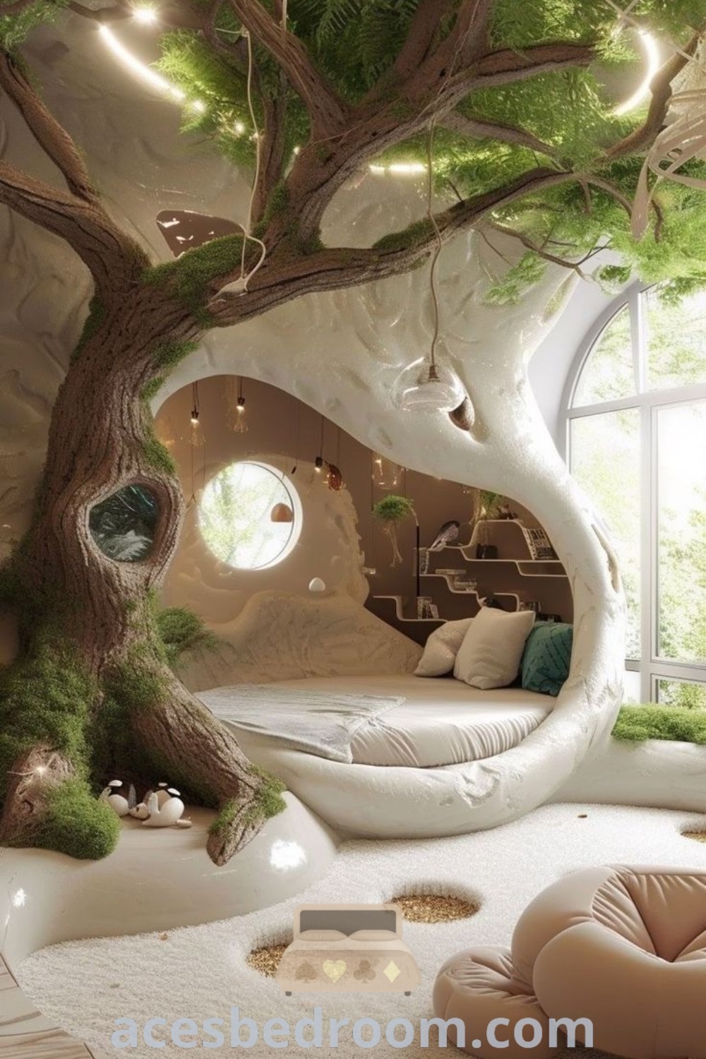 A bedroom with a remarkable tree in the middle showcasing unique design ideas, creating an inspiring and cozy aesthetic. This dream bedroom setup represents the best in cute bedroom decor and trendy designs, providing decor inspirations for a warm and sophisticated look. Explore more ideas at acesbedroom.com.