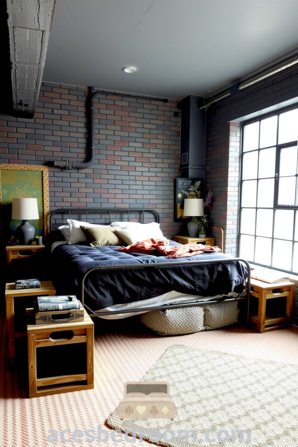Cozy industrial bedroom featuring exposed brick walls, a metal bed frame with deep charcoal duvet and cream pillows, vintage crate bedside tables, and a thick woven rug, creating a warm and inviting atmosphere, highlighted on acesbedroom.com.