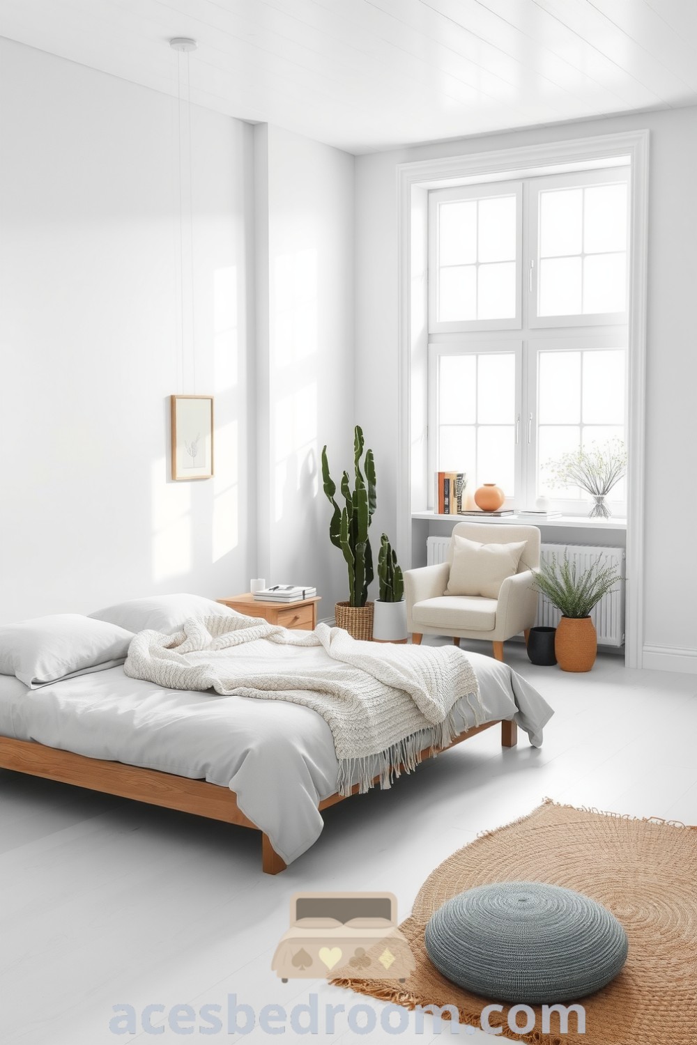 Cozy Scandinavian bedroom featuring pale wood floors, white-washed walls, a low-profile bed with natural linen sheets, a reading nook with a plush armchair, and minimalist decor, including potted plants and handmade ceramics, showcasing design ideas for a warm and sophisticated look on acesbedroom.com.