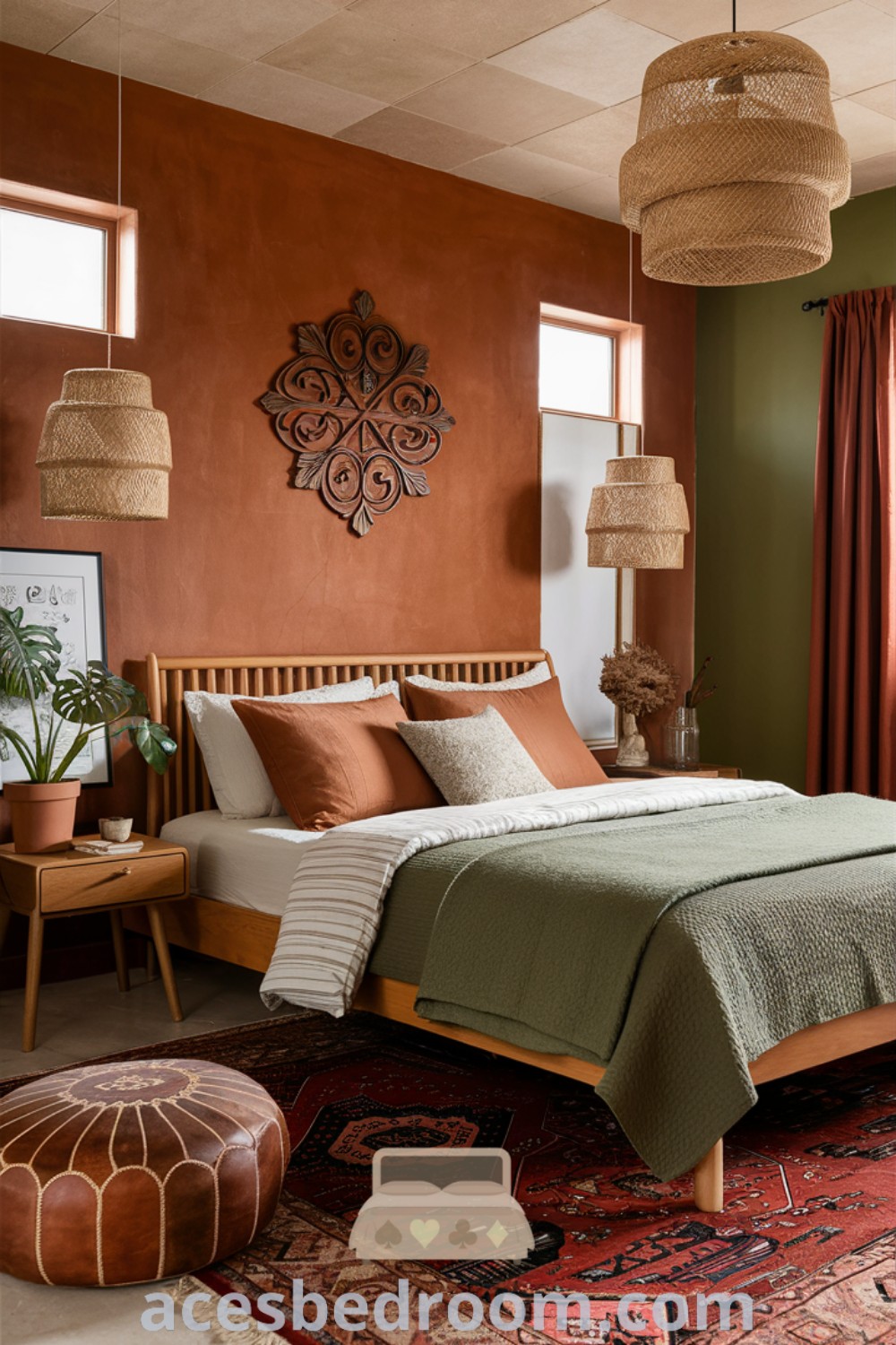 A cozy Mexican inspired bedroom featuring a neatly made bed, two stylish tables, and lamps on either side. This modern Mexican bedroom design incorporates elements of Southwestern home decor, providing inspiring ideas and a warm, sophisticated atmosphere. For more design ideas, visit acesbedroom.com.