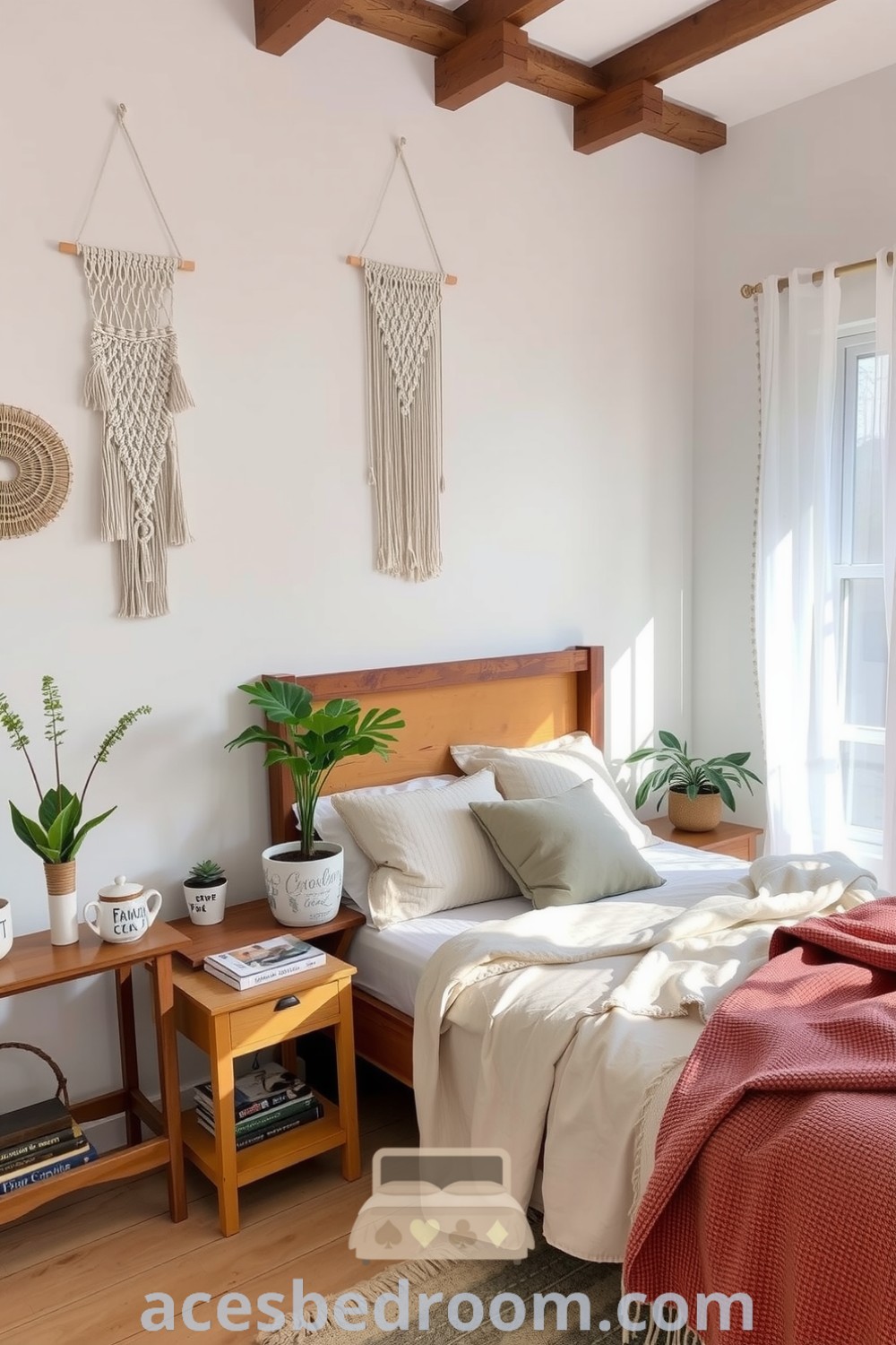 Cozy boho bedroom featuring white walls with macramé wall hangings, a rustic wooden bed frame with natural linens, unique nightstands with plants and ceramics, all illuminated by gentle sunlight through sheer curtains, presented on acesbedroom.com.