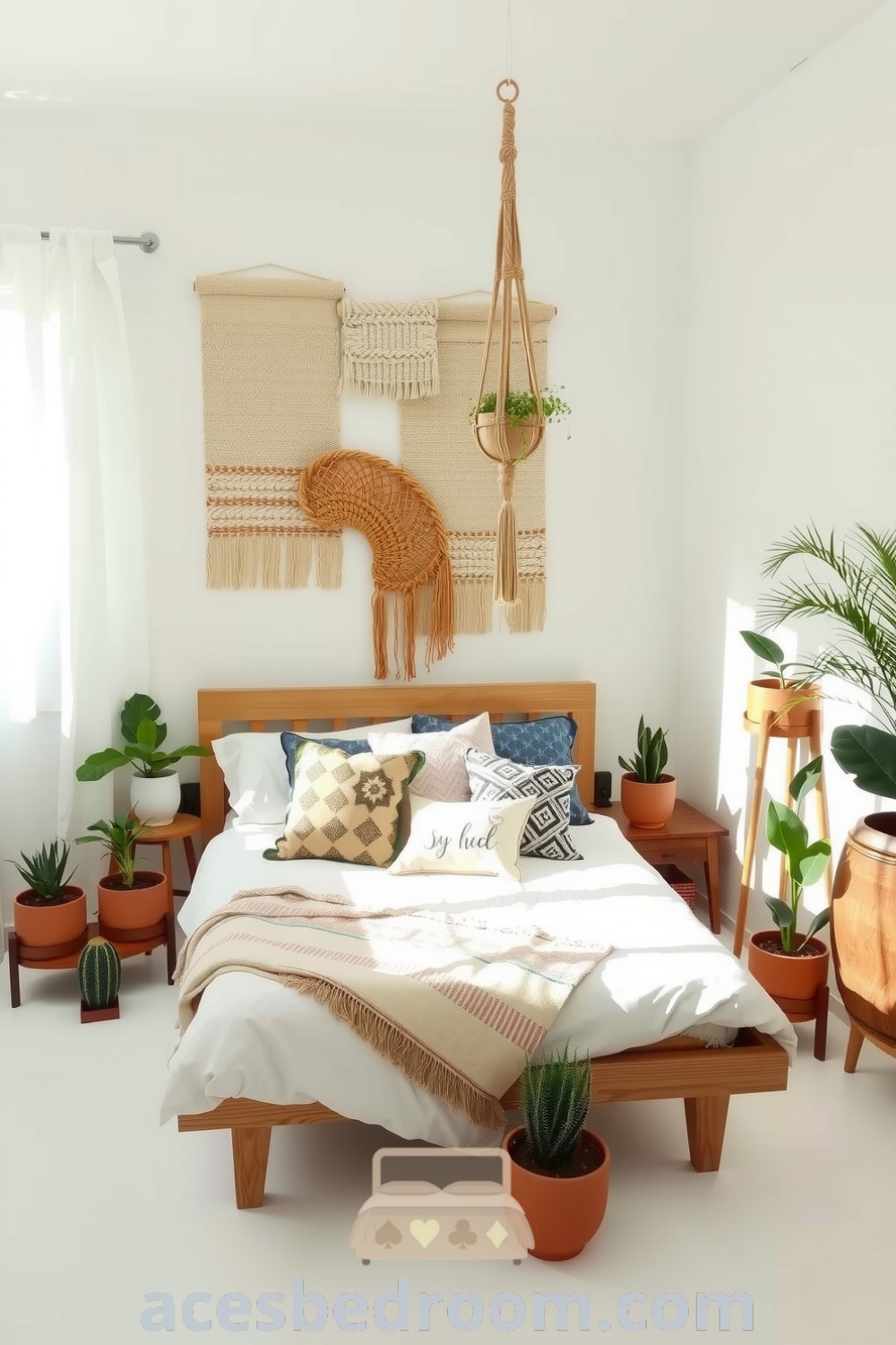 Cozy boho bedroom featuring a white-hued design, textured woven wall hangings, a natural wood bed frame with colorful throw pillows, various plants in terracotta pots, and softly draping curtains, creating a warm and inviting atmosphere, showcased on acesbedroom.com.