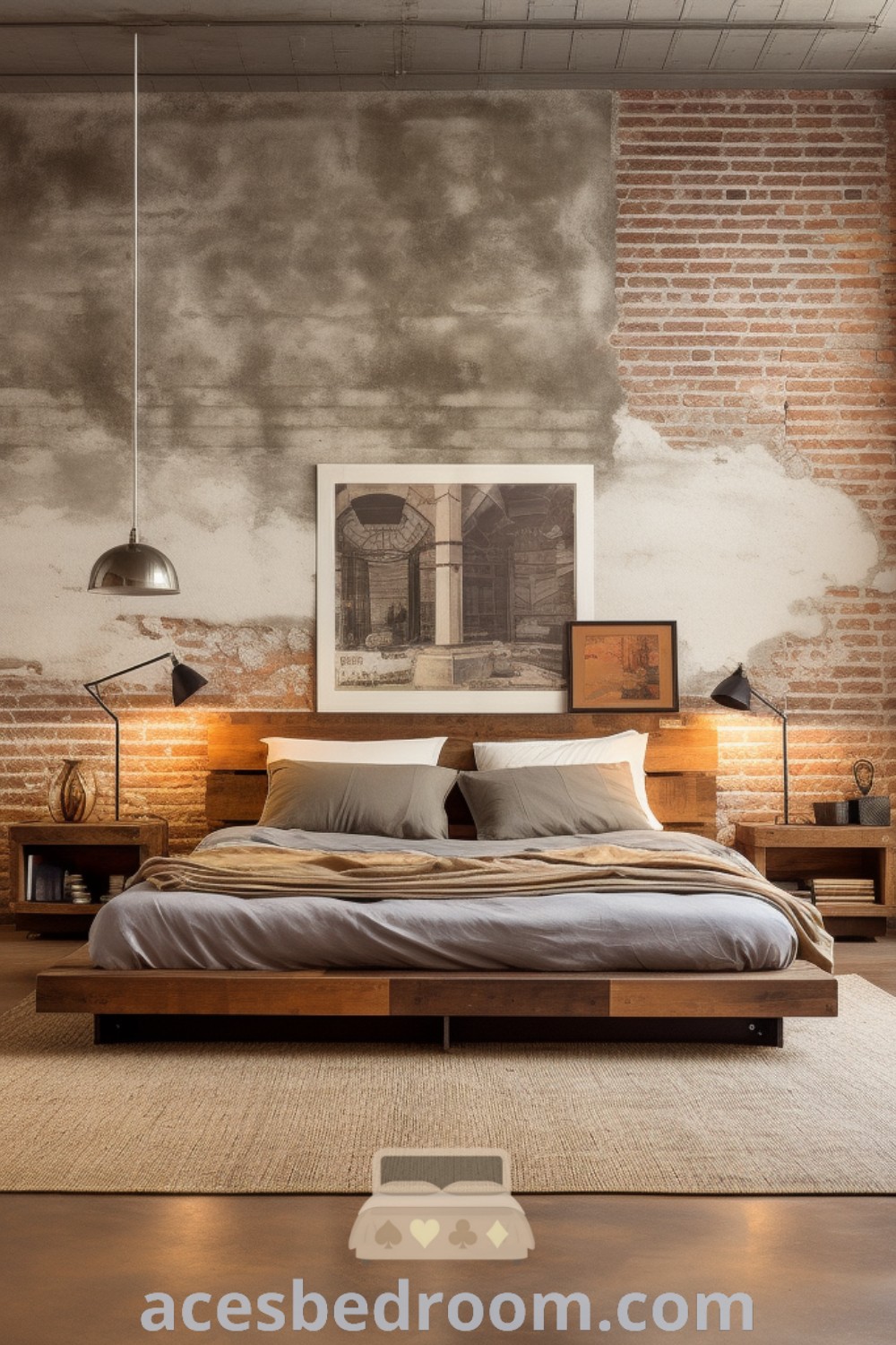 An urban industrial bedroom with brick walls and flooring, featuring a large bed and stylish lamps, showcasing modern industrial home decor. This masculine bedroom design incorporates earth tones and rustic elements for a cozy aesthetic, providing inspiring ideas for your home at acesbedroom.com.