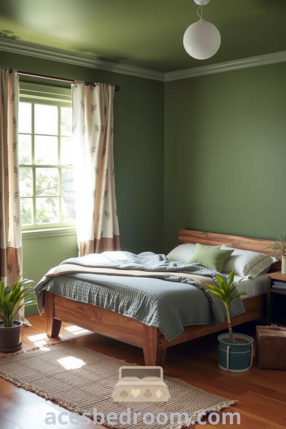 Cozy nature-inspired bedroom with soft earthy greens, reclaimed timber bed frame, plant-patterned curtains, and potted ferns, creating a serene atmosphere that connects with the outdoors, featured on acesbedroom.com.