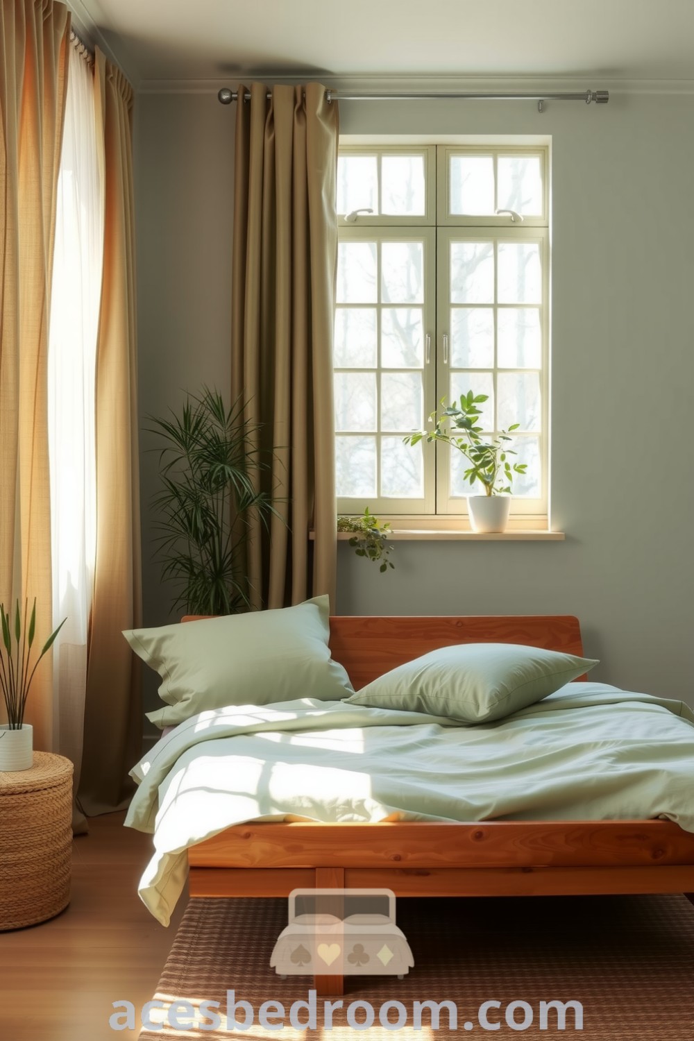 Cozy Japandi bedroom featuring muted greens, natural wood accents, a low-profile handcrafted wooden bed with soft linens, bamboo decor, and a woven rug, highlighted by morning light and potted plants, for a calming and tranquil atmosphere, showcased on acesbedroom.com.
