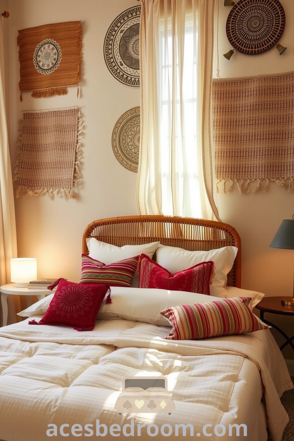 Cozy boho bedroom with beige walls, textured woven tapestries, a rattan headboard, and vibrant throw pillows, complemented by natural wooden accents and sunlight-filtering gauzy curtains, offering design ideas for a warm and sophisticated look, presented on acesbedroom.com.