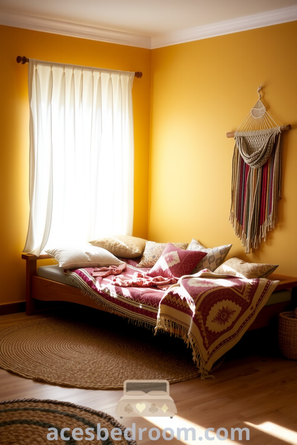 Cozy boho bedroom featuring soft yellow walls, a low wooden bed with patterned blankets and pillows, macramé wall hanging, and woven jute rug, illuminated by sunlight through billowy curtains, perfect for a warm and sophisticated look, showcased on acesbedroom.com.