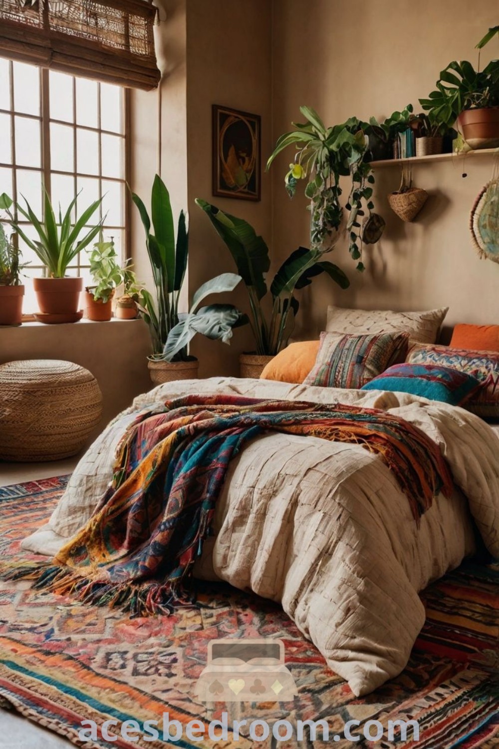 A cozy and colorful bohemian bedroom featuring a bed with lots of pillows and blankets, surrounded by potted plants. This artsy space offers trendy design ideas focused on a warm and inviting atmosphere. Explore more design inspirations at acesbedroom.com.