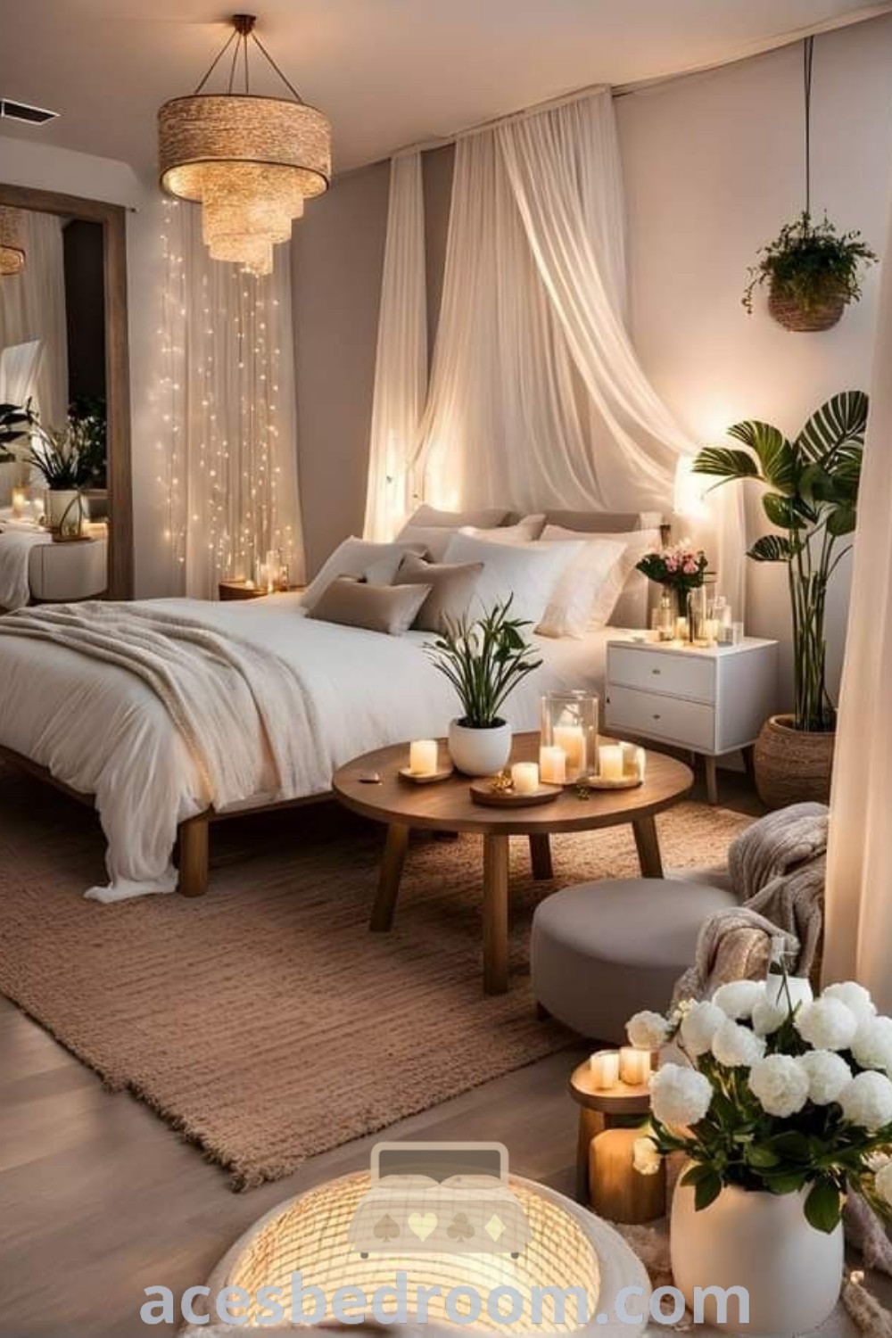 A cozy white bedroom decorated with candles and flowers, embodying a dream bedroom inspiration with stylish decor ideas for a warm and sophisticated look. This aesthetic offers unique decor inspirations for cozy room decor at acesbedroom.com.