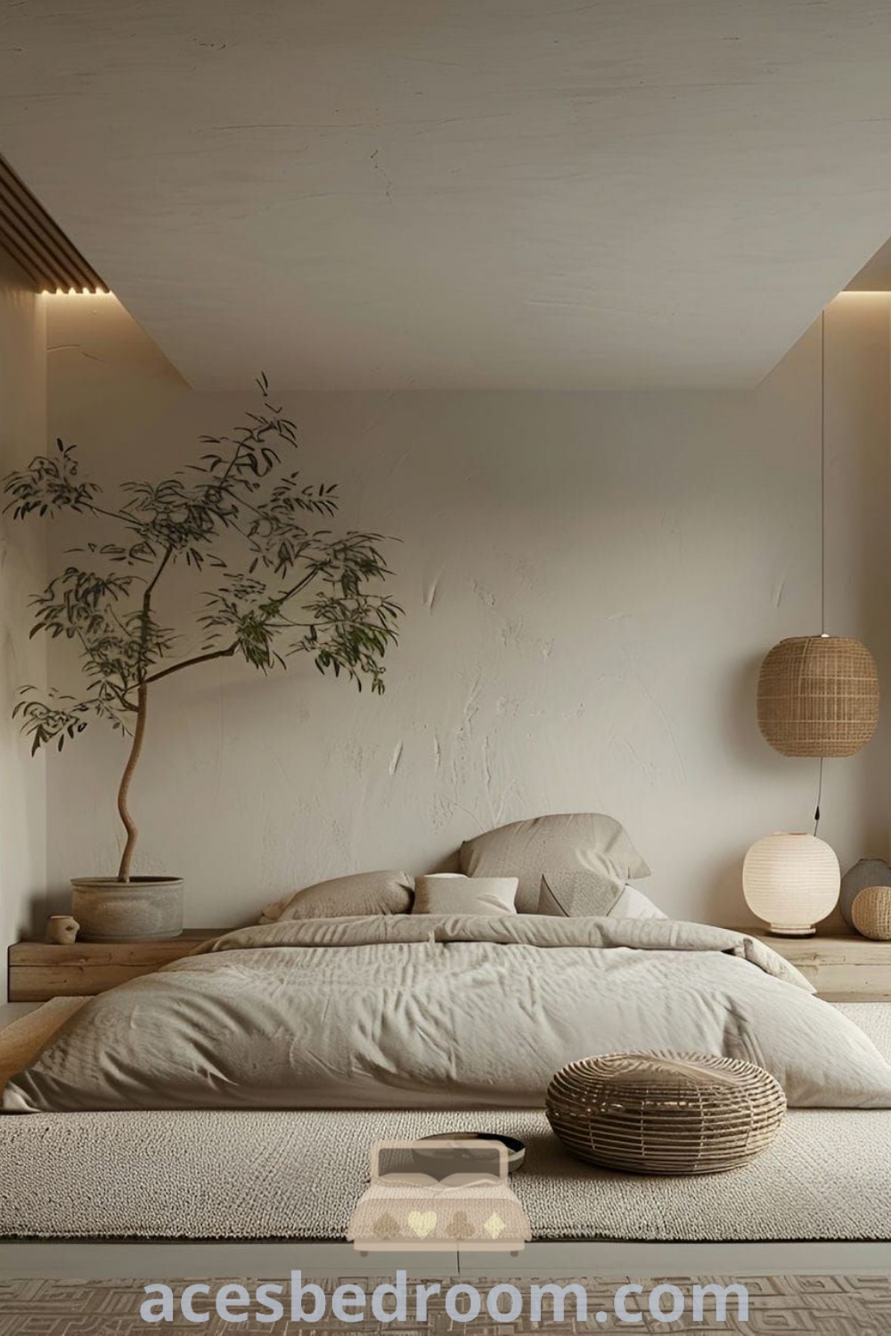 A cozy asymmetric bedroom with a large low bed next to a tall tree, showcasing unique design ideas for a stylish space. This design includes a Japandi rug and elements of low bed bedroom ideas, providing cozy aesthetics and inspirations for a warm and sophisticated look. Explore more at acesbedroom.com.