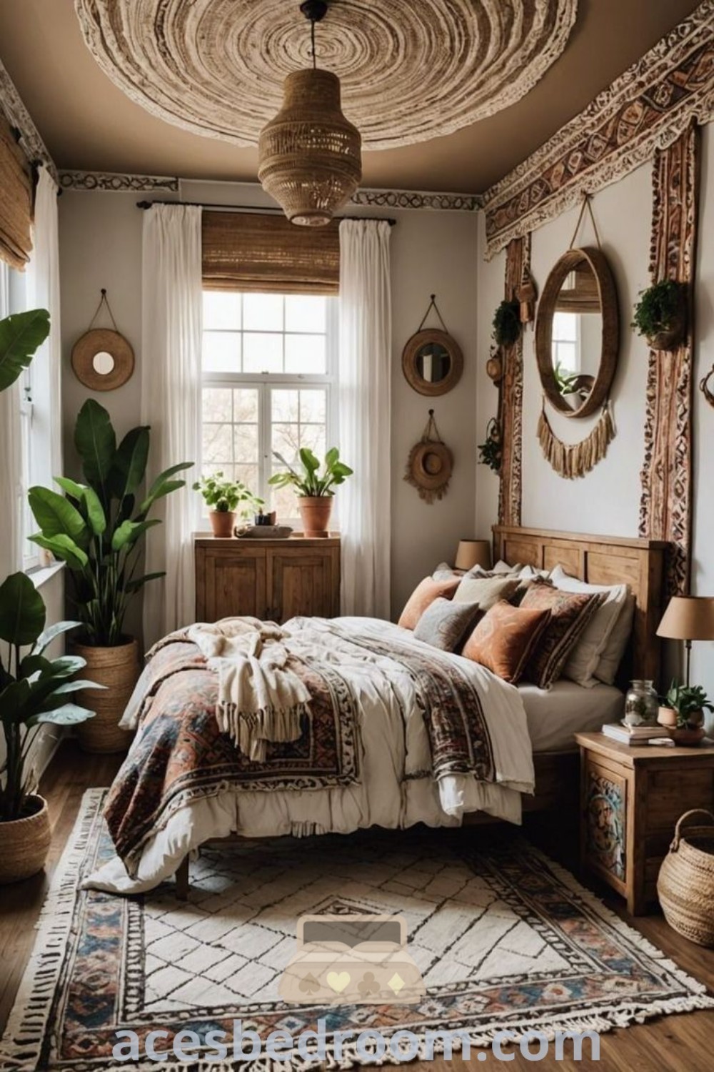 A vibrant Bohemian bedroom showcasing a neatly made bed surrounded by lush plants on the walls. This colorful Bohemian decor offers stylish design ideas and inspirations for a trendy teenage girl