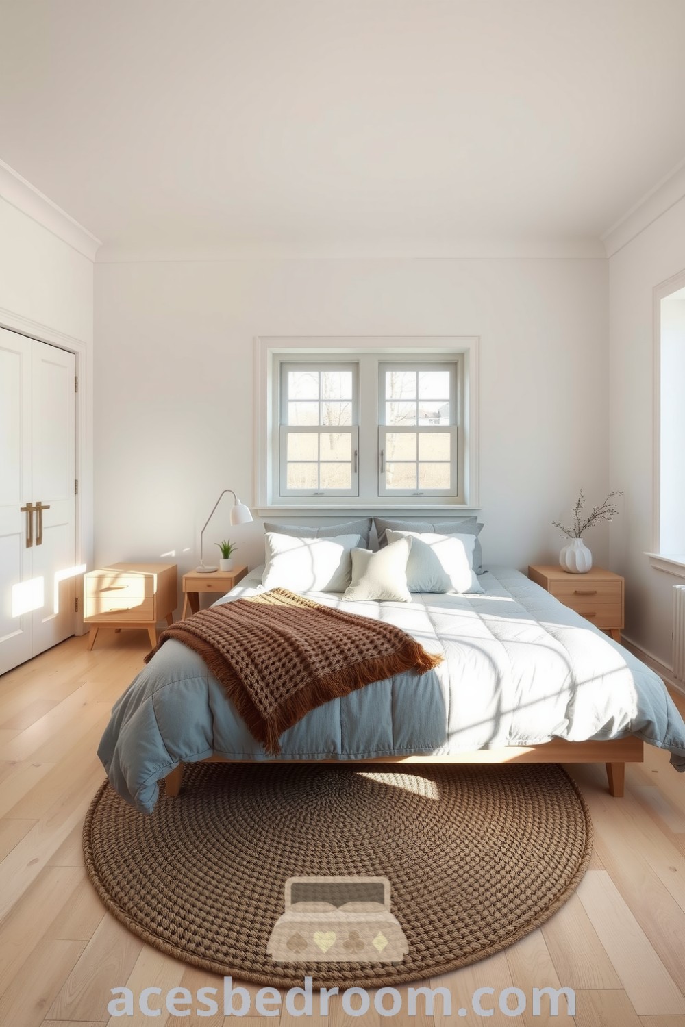 Cozy Scandinavian bedroom featuring light ash wood flooring, sleek white walls, low-profile bed with a textured gray duvet, minimalist nightstands, soft knit blankets, plush pillows, and a woven jute rug, showcasing design ideas for a warm and sophisticated look, presented on acesbedroom.com.