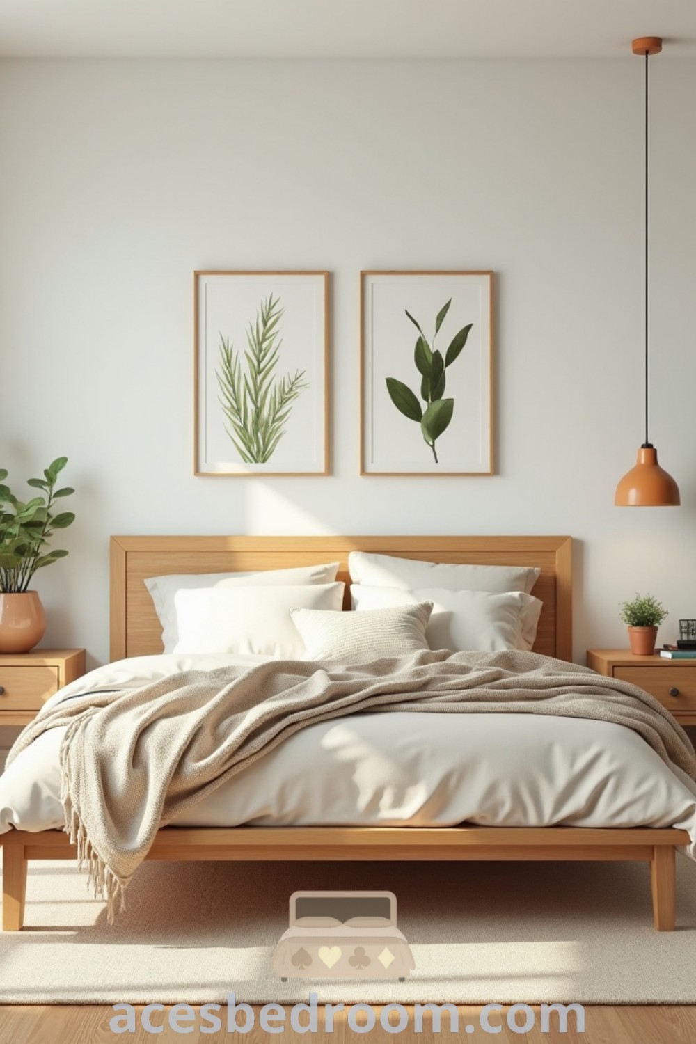 A botanical aesthetic bedroom featuring white walls, wooden furniture, and plants beside the bed, creating a cozy and calming atmosphere. This design blends masculine wall decor with Scandinavian bedroom inspirations, offering unique ideas and trendy decor ideas for your home at acesbedroom.com.