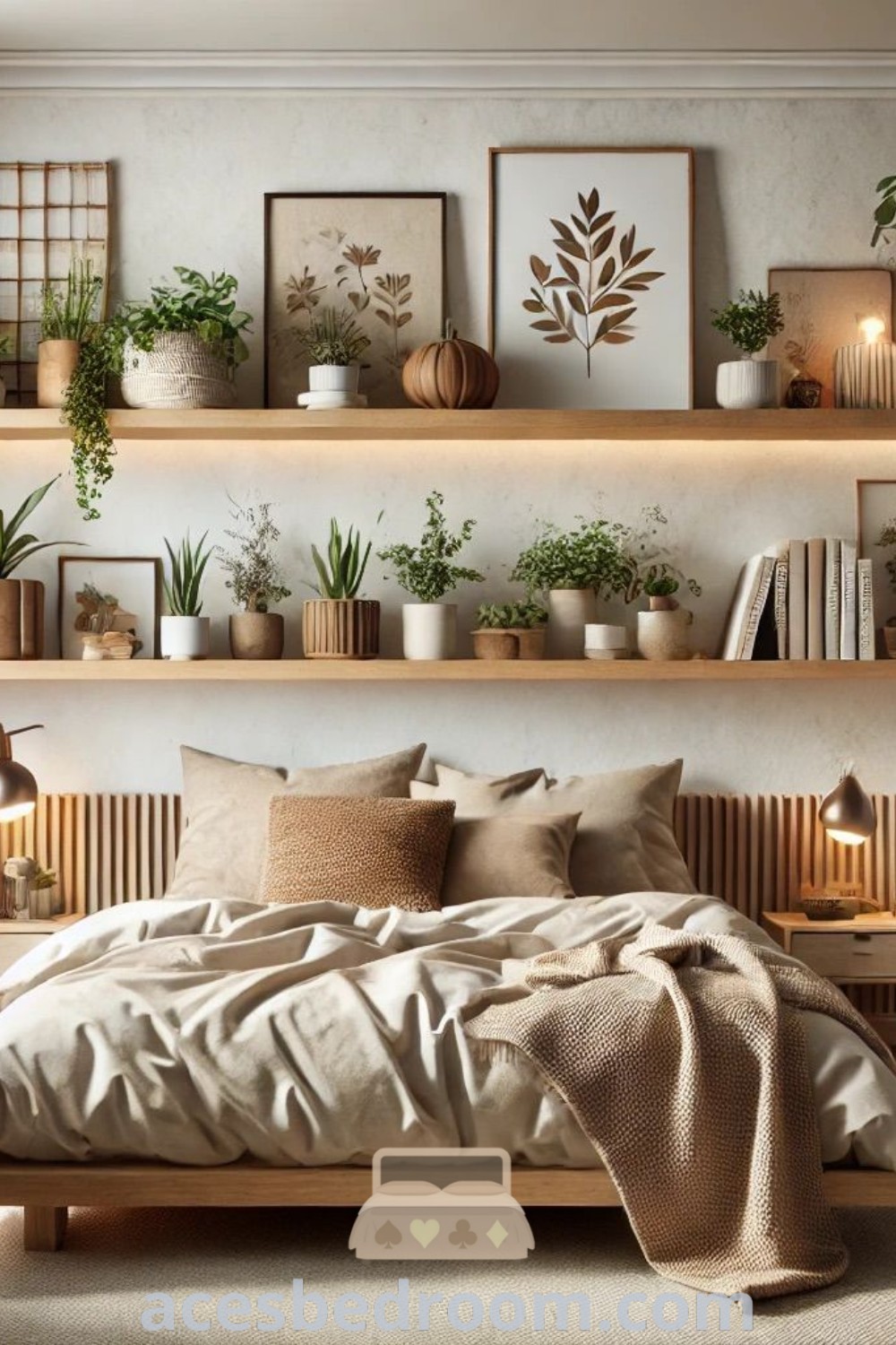 A cozy Scandinavian-style bedroom featuring floating wooden shelves adorned with plants and minimalist artwork. The room showcases neutral-toned bedding, textured throws, and inviting pillows, creating a warm atmosphere. Explore these stylish bedroom decor ideas at acesbedroom.com for a fresh and modern home aesthetic.