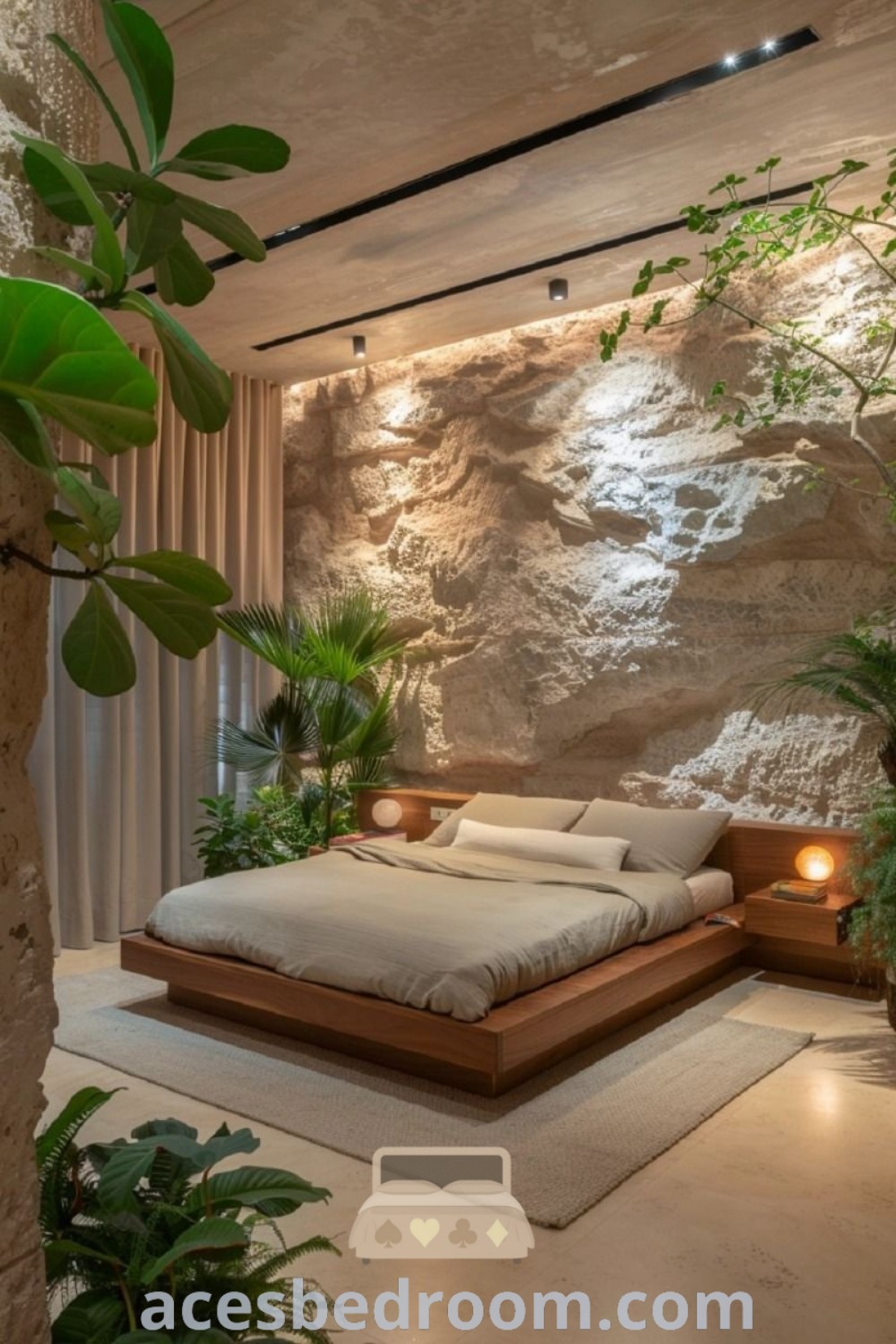 A minimalist bedroom interior showcasing a large bed surrounded by a plant-filled wall, embodying natural stone and wooden aesthetics. This cozy space offers stylish design ideas for adults, creating a warm and inspiring atmosphere. Discover more decor inspirations at acesbedroom.com.