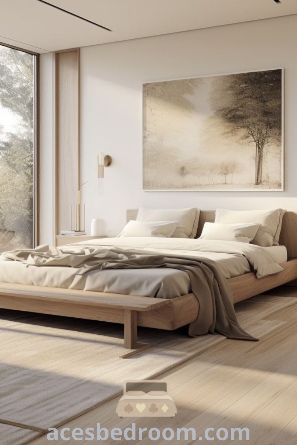 A beautiful Tokyo penthouse bedroom featuring a large bed by the window on hardwood flooring, exemplifying cozy Scandinavian and Japandi style home design ideas. This unique decor encapsulates a warm atmosphere, making it an inspiring space. For more cozy ideas, visit acesbedroom.com.