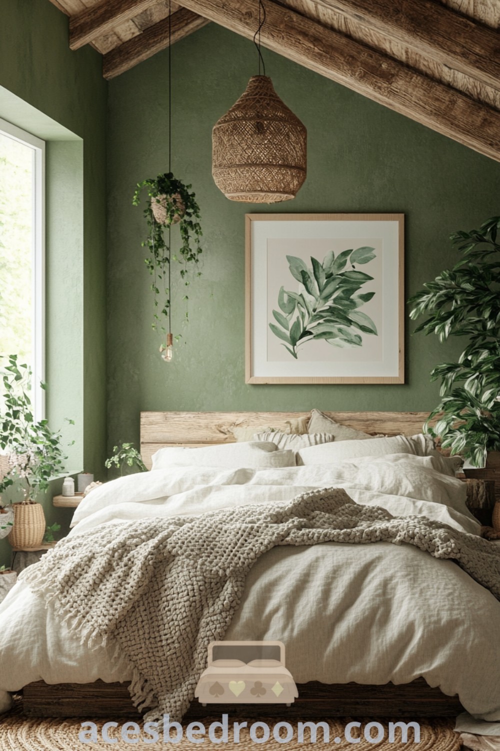 A cozy bedroom with green walls, white bedding, and wicker baskets hanging from the ceiling, showcasing a spring theme and minimalist cottagecore aesthetic. This space offers inspiration with its warm earthy tones and nature bedroom aesthetic, providing unique design ideas that enhance cozy vibes. Discover more on acesbedroom.com.