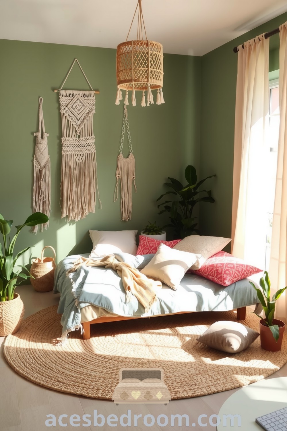Cozy boho bedroom featuring soft green walls, macramé wall hangings, a wooden bed with textured cushions, sheer curtains allowing sunlight, and potted plants, showcasing design ideas for a warm and sophisticated look on acesbedroom.com.