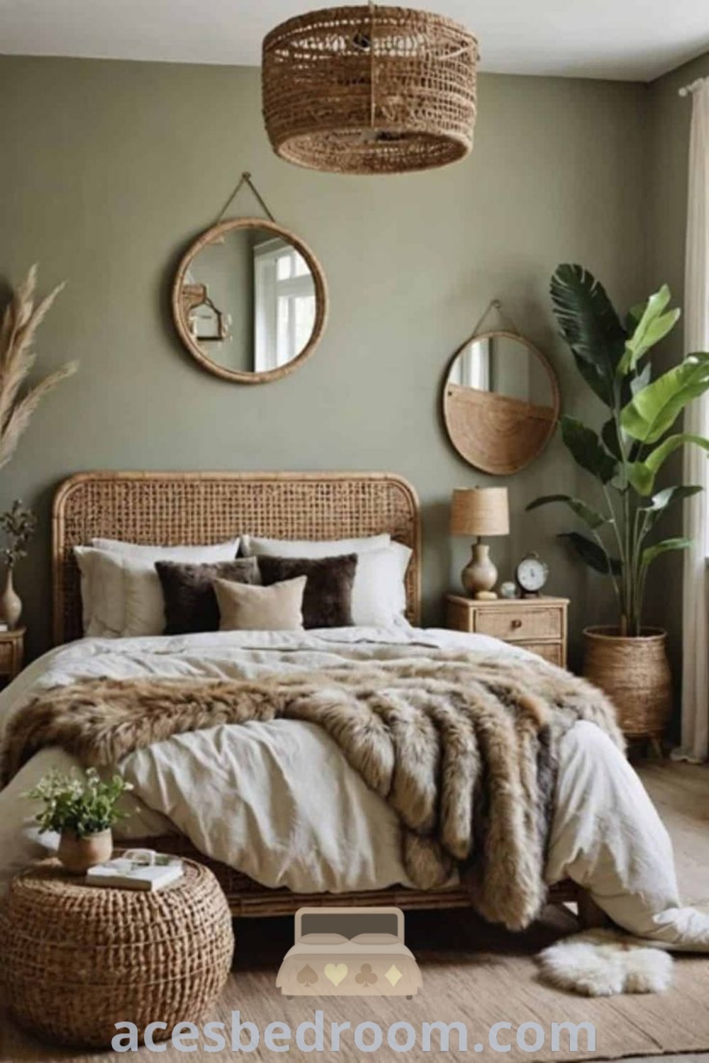 An inviting bedroom with neutral colors, wicker furniture, and round mirrors above the bed, showcasing earthy decor ideas. This modern farmhouse bedroom reflects cozy aesthetics and design trends perfect for relaxation. Discover more decorating ideas at acesbedroom.com.