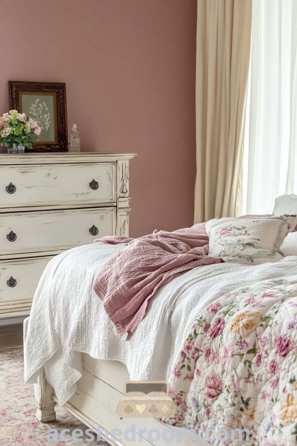 Cozy French country bedroom featuring soft pink walls, a distressed white wood bed frame, floral-patterned quilt, rustic accents, and sheer curtains, designed to inspire warmth and comfort, showcased on acesbedroom.com.