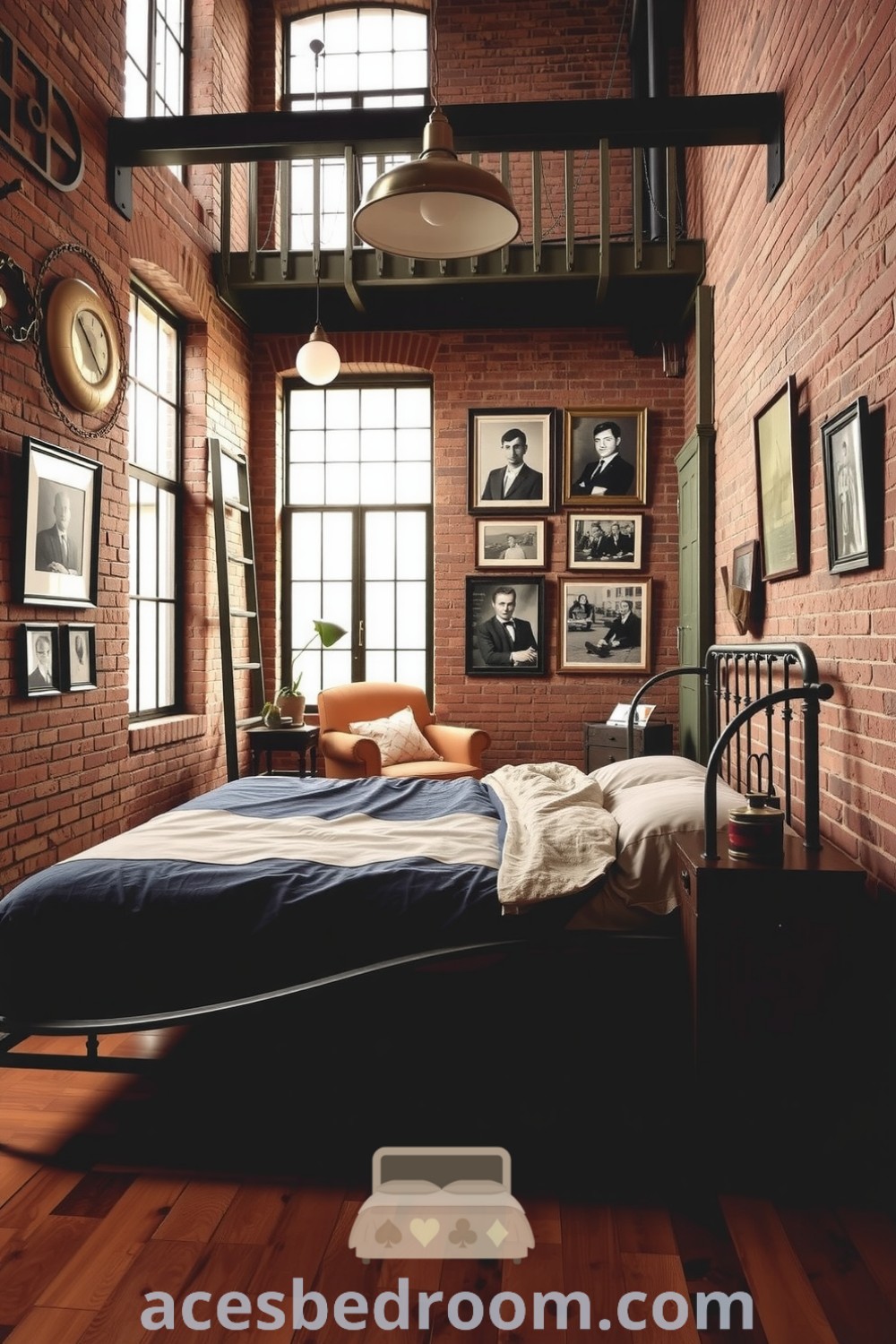Cozy industrial bedroom featuring a metal bed frame, wooden floorboards, exposed brick walls with vintage art, a cozy armchair, and large windows for natural light, offering warm and sophisticated decor ideas for your home, found on acesbedroom.com.