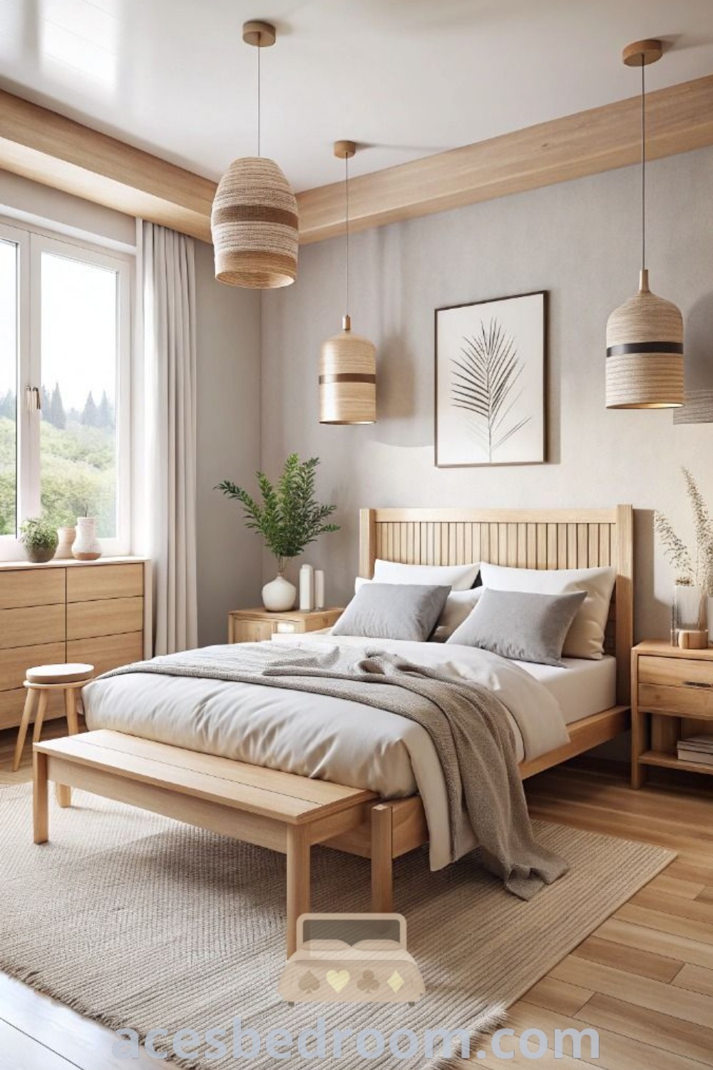 A light wood neutral bedroom featuring a neatly made bed and wooden furniture, creating a cozy and inviting atmosphere. This space showcases bedroom decor light wood furniture ideas, perfect for a warm and sophisticated look. Explore more design ideas at acesbedroom.com.