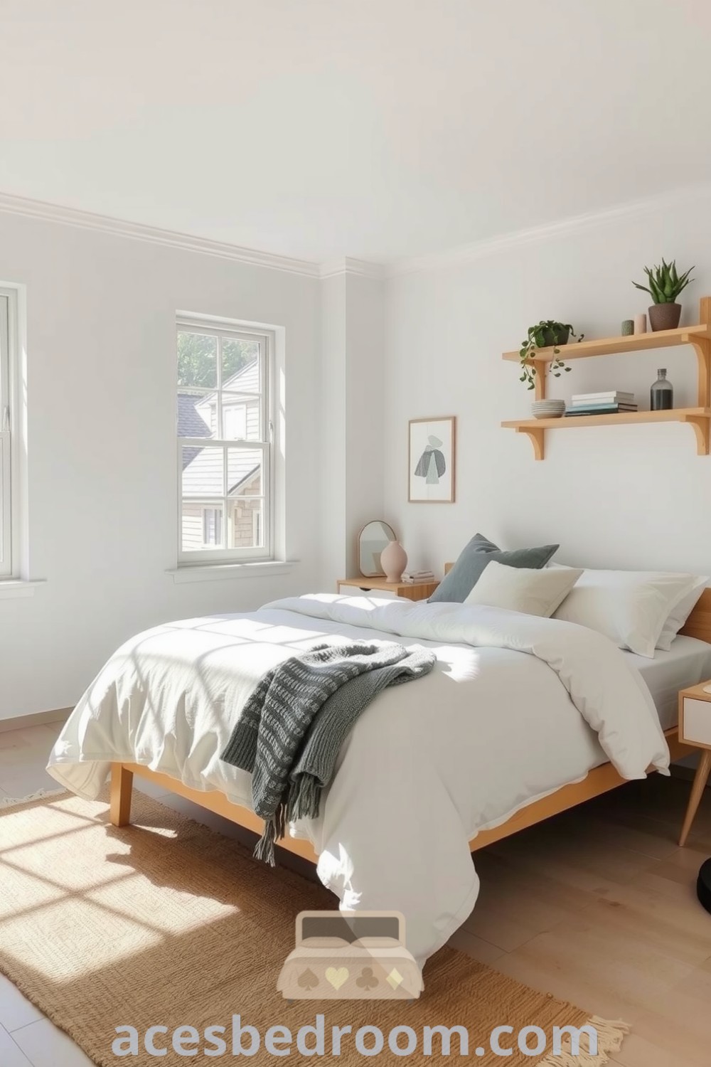 Scandinavian bedroom featuring soft whites and cool grays, natural wood accents, textured knit blankets, and large windows, creating a serene ambiance, showcased on acesbedroom.com.