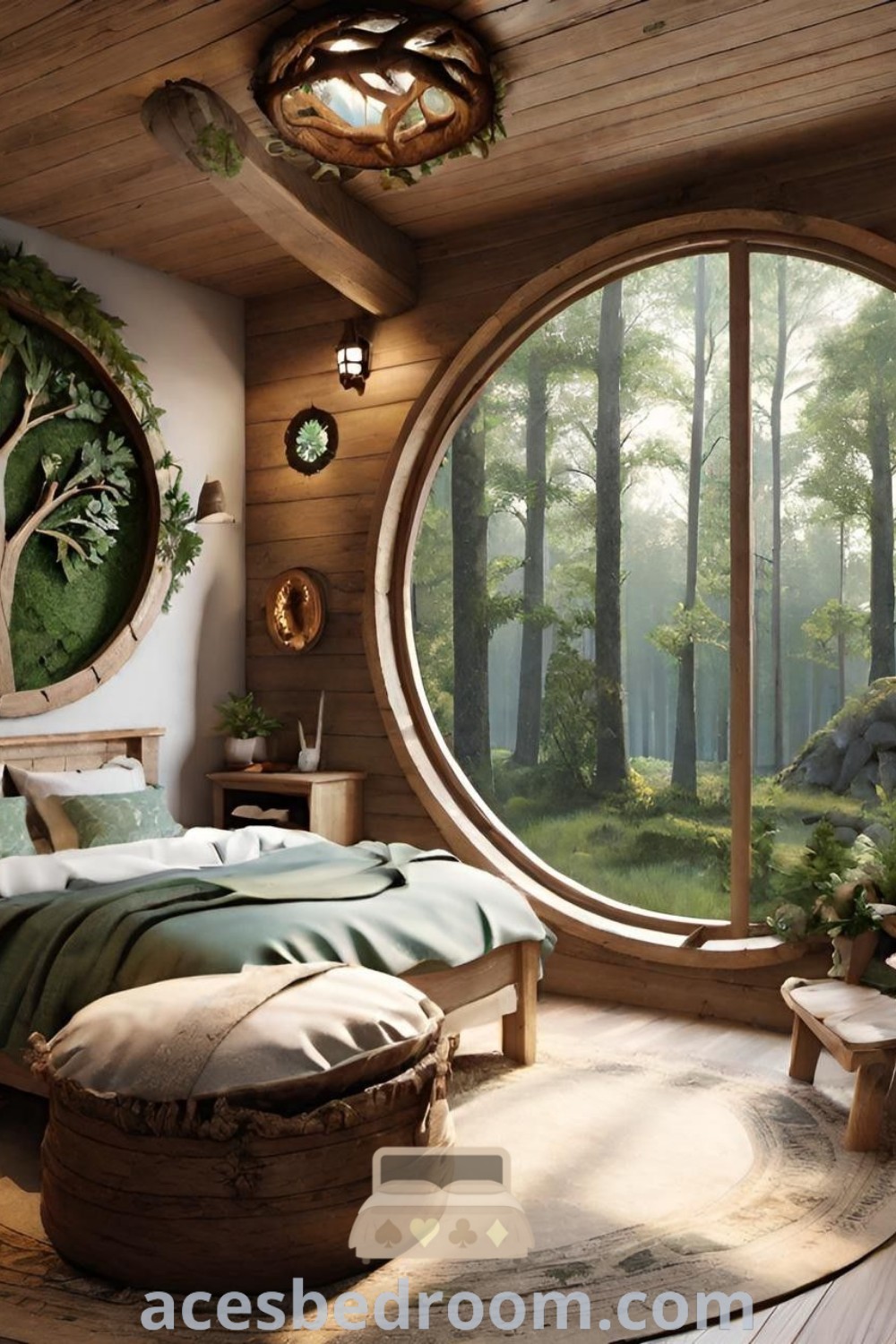 A cozy bedroom adorned with a large round window and a stylish bed on the floor, showcasing unique decor ideas and inspirations for creating a warm and sophisticated look. This space from acesbedroom.com offers stylish, cozy design ideas that enhance comfort and tranquility.