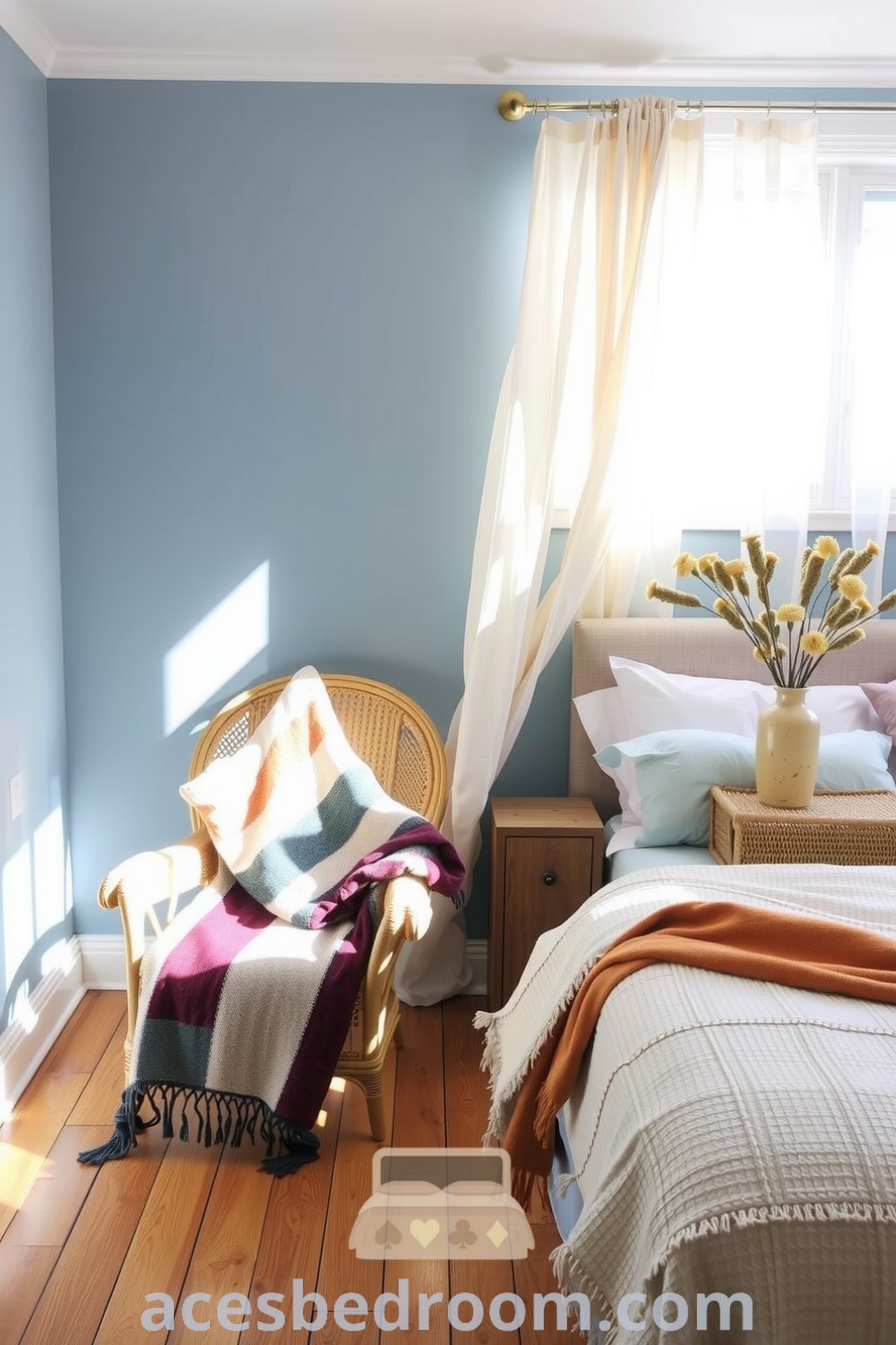 Cozy boho bedroom with calming blue walls, a wicker chair with a patchwork throw, a stylish bed with textured linens and mismatched pillows, and a rustic nightstand with dried flowers, ideal for decorating ideas to create a cozy home, featured on acesbedroom.com.