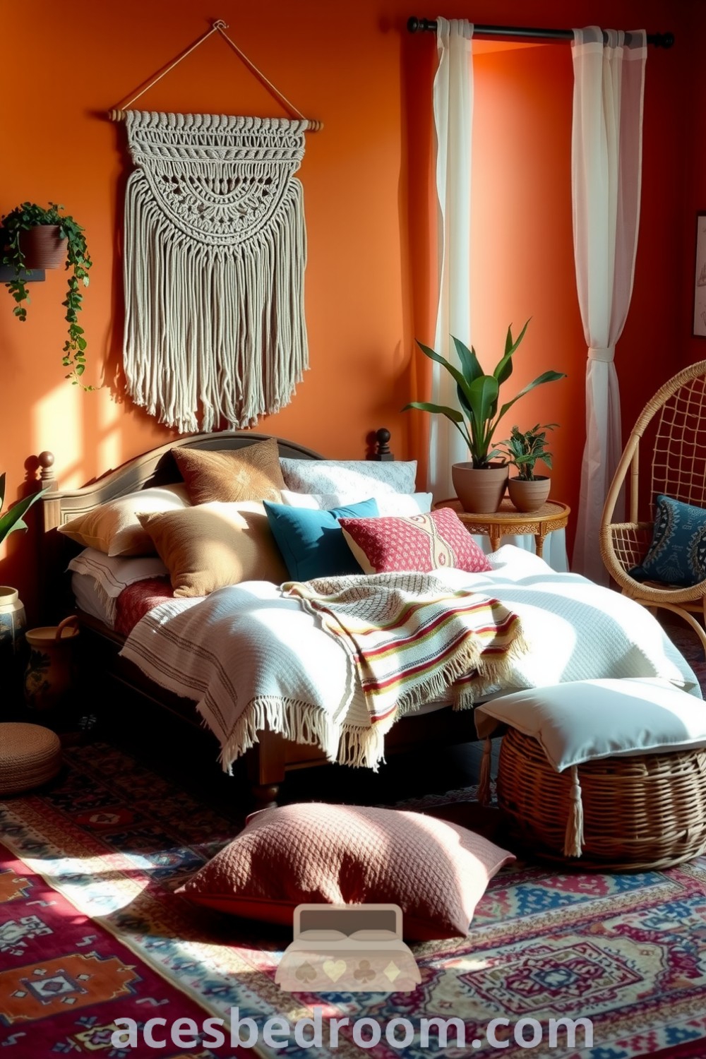 Cozy boho bedroom featuring orange walls, a handwoven macramé wall hanging, vintage wooden bed, terracotta plants, and a rattan chair, showcasing decor ideas and design inspirations for a warm and sophisticated look, presented on acesbedroom.com.