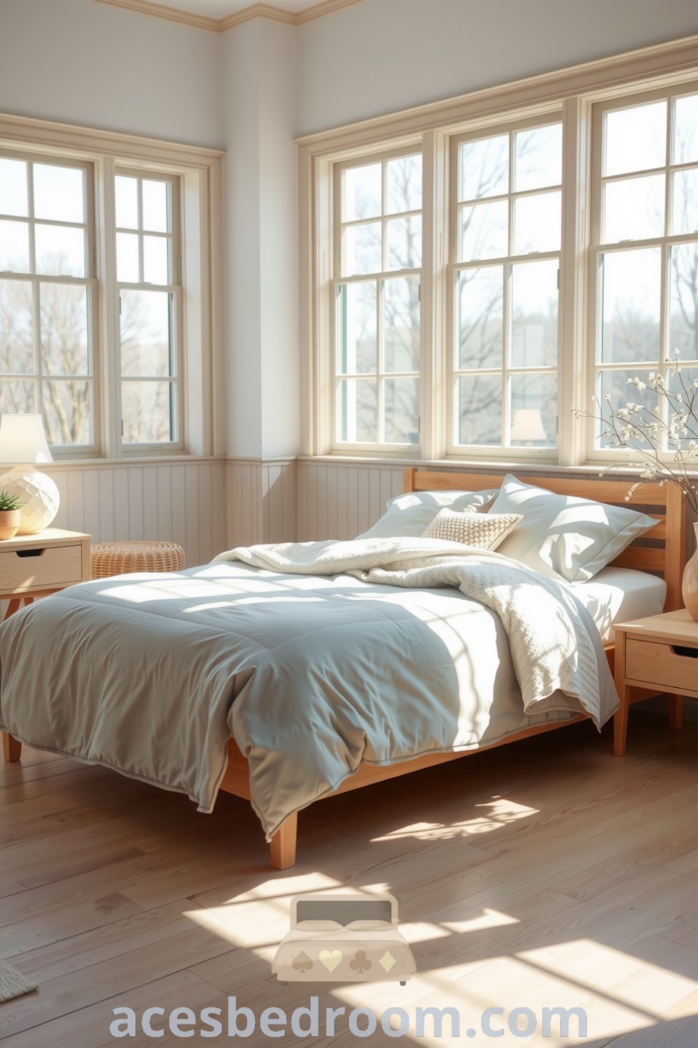 Cozy Scandinavian bedroom featuring light-toned wooden furniture, a pale gray comforter, textured beige and white throw pillows, large windows allowing natural light, and a potted plant on the nightstand, perfect for cozy aesthetic inspirations, displayed on acesbedroom.com.