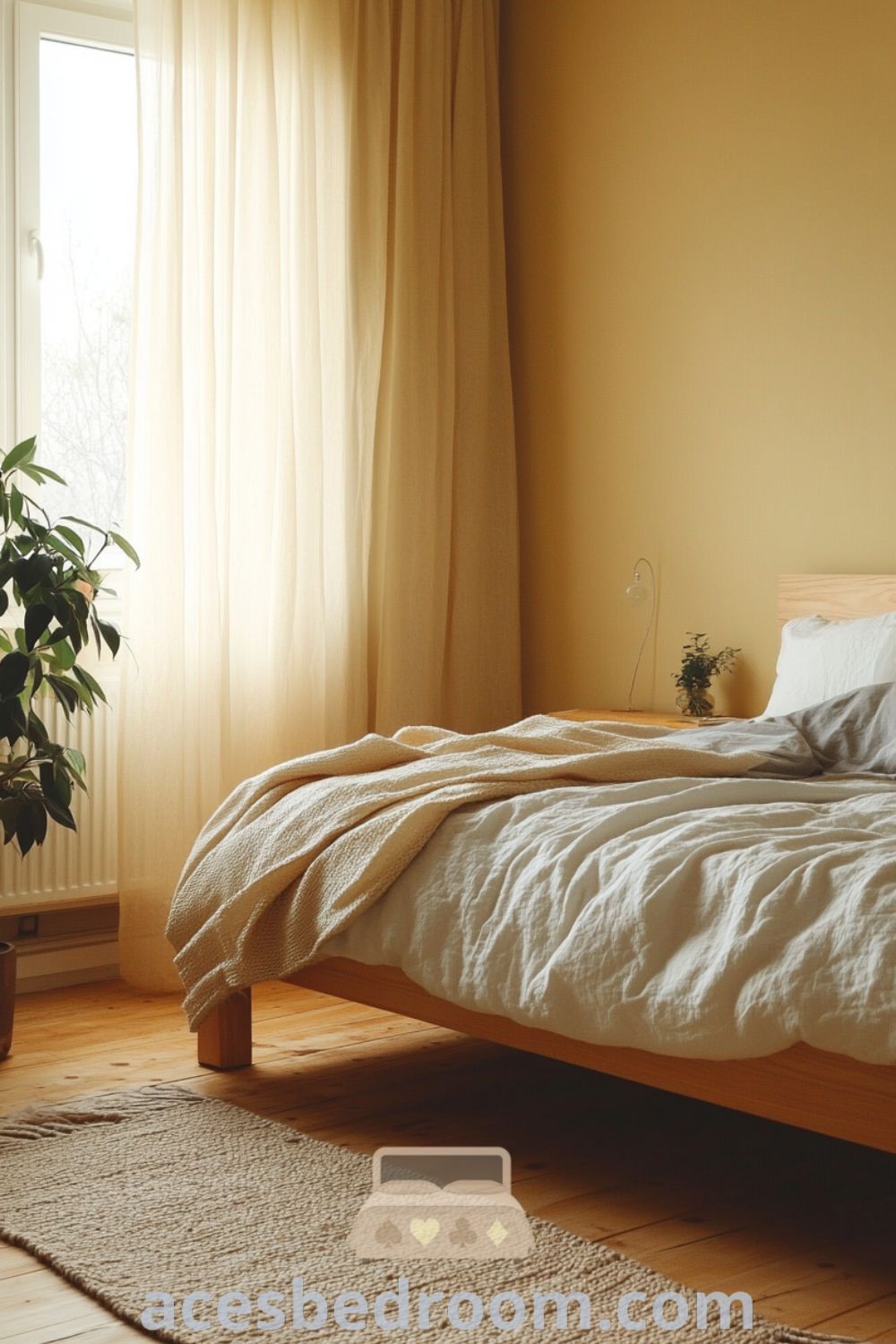 Cozy Scandinavian bedroom with soft yellow walls, a minimalist wooden bed, white and gray bedding, a chunky knit rug, and a potted plant, creating a warm and inviting atmosphere, showcased on acesbedroom.com.