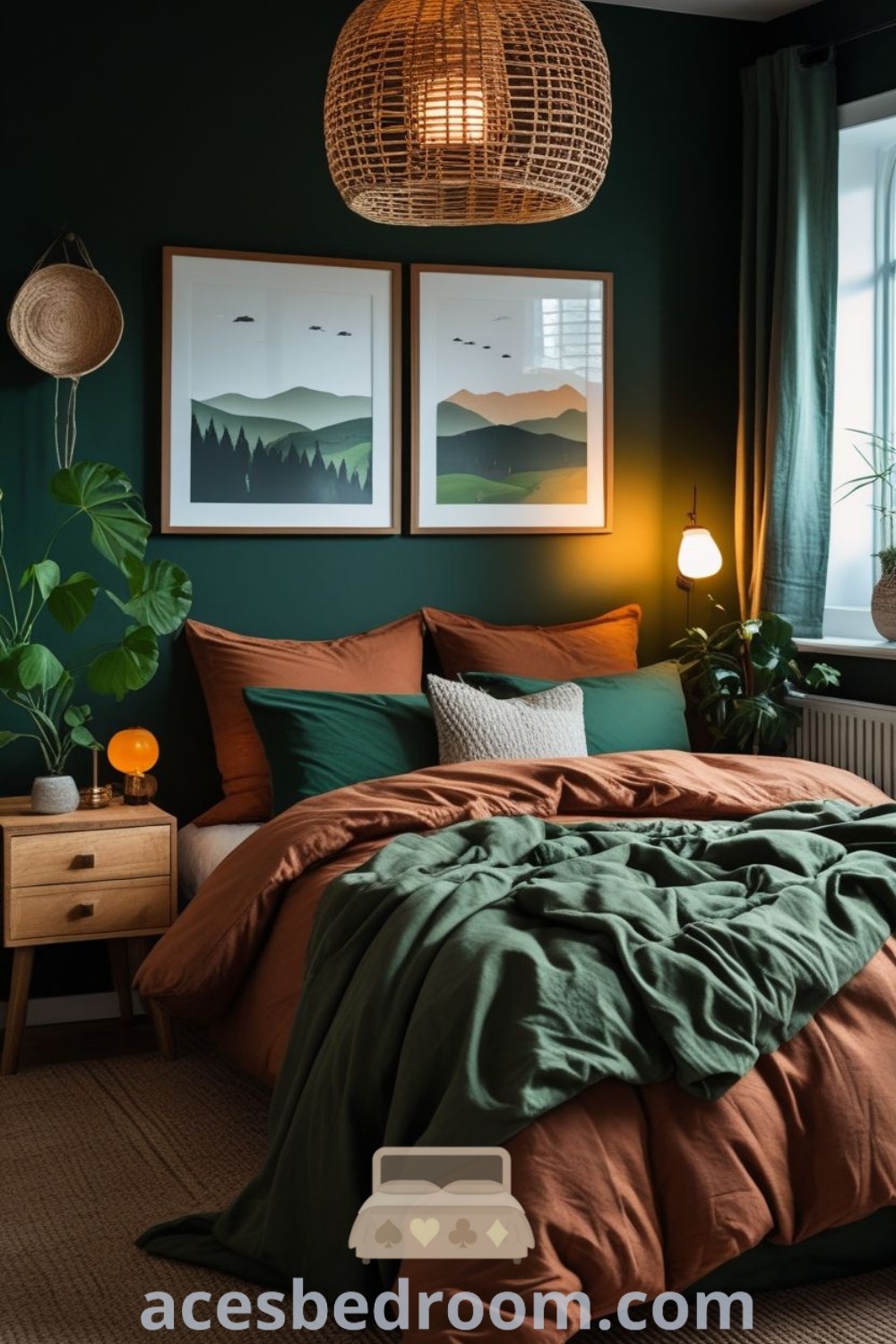 A cozy earthy bedroom featuring a dark green wall behind the bed, green and rustic orange bedding, and a green headboard. This stylish setup offers unique design ideas and inspirations for creating a warm and sophisticated look, perfect for a men
