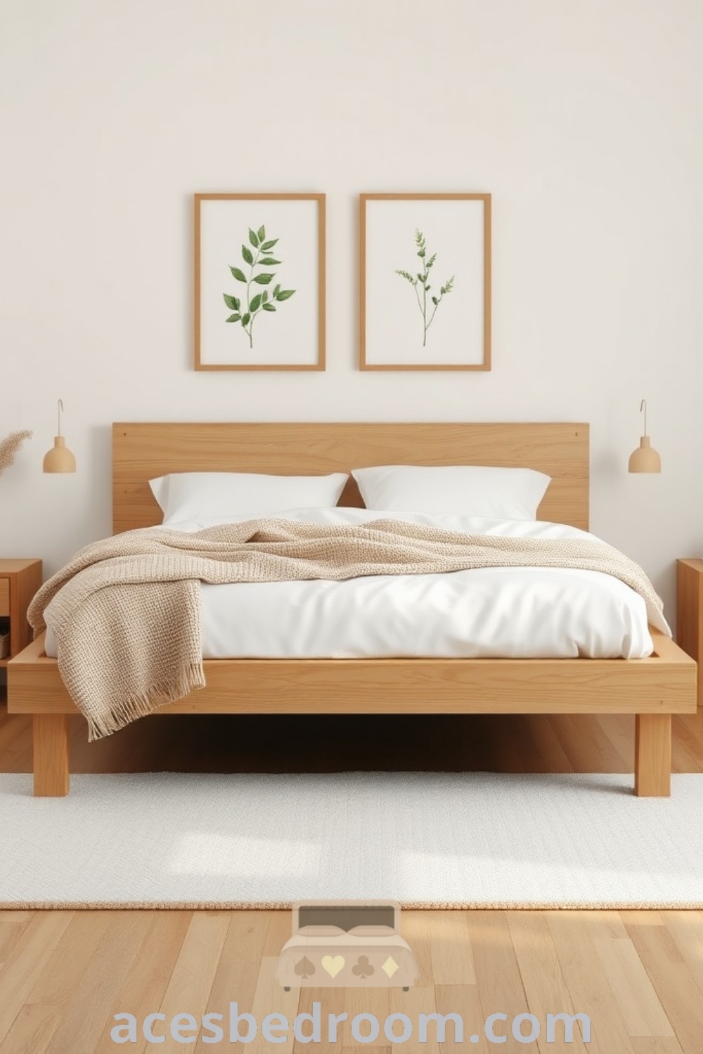 A cozy bedroom with a stylish bed, two pictures on the wall above, and a white rug, showcasing cozy ideas for a tranquil space. Perfect for those seeking peaceful bedroom inspirations, this setup is ideal for shared bedrooms or master bedroom designs. Explore more design tips at acesbedroom.com.